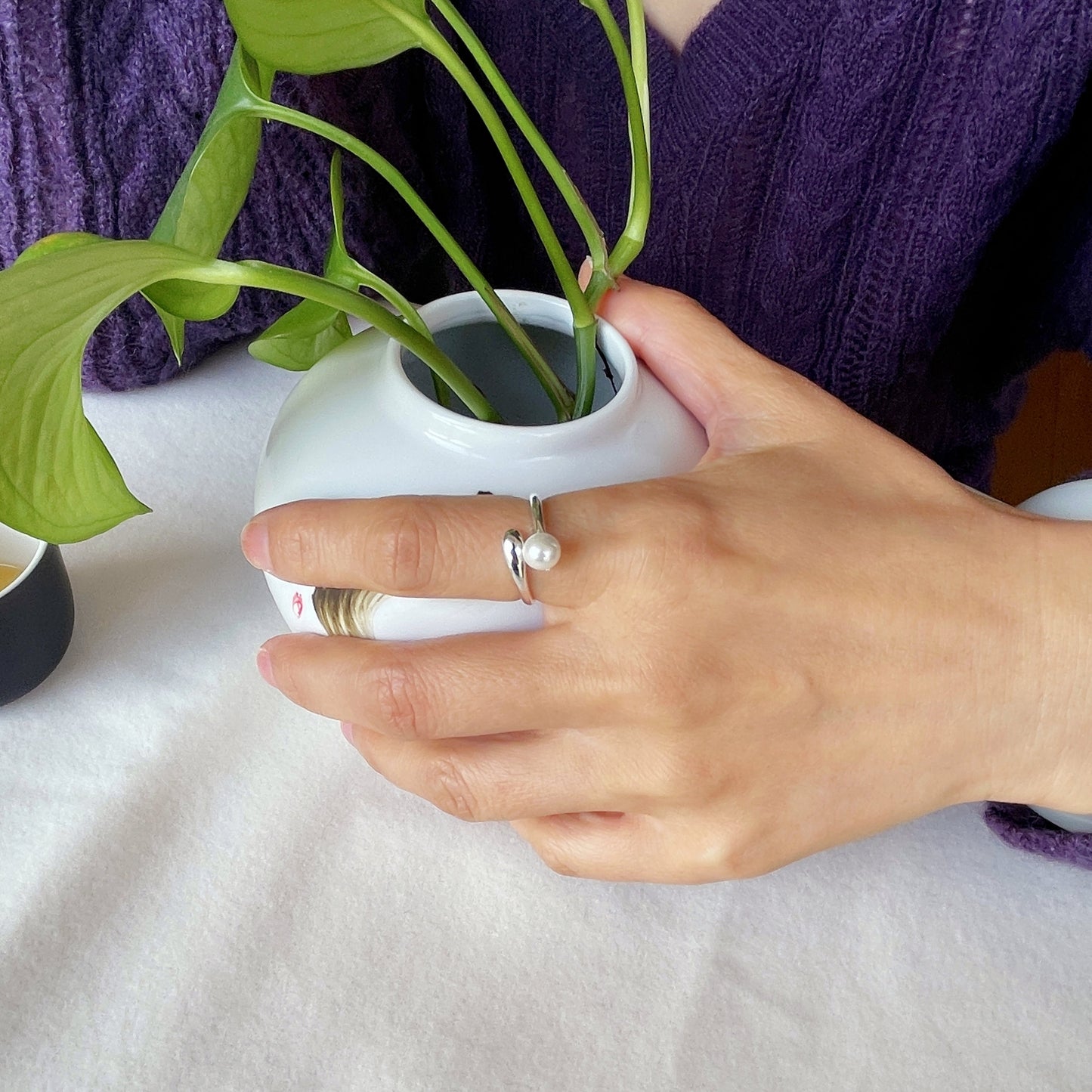 Adjustable Simple Pearl Ring, 925 Sterling Silver Ring