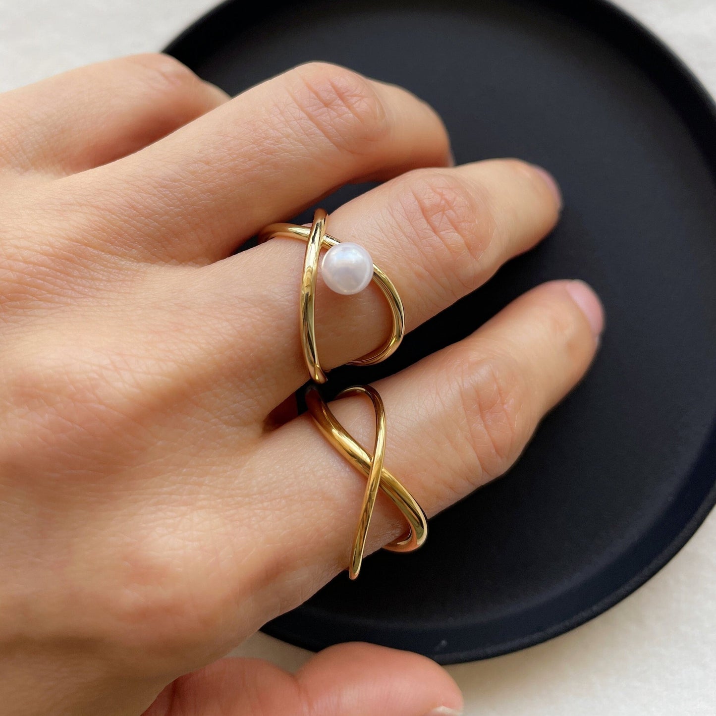 Open Criss Cross Pearl Ring, 925 Sterling Silver Ring