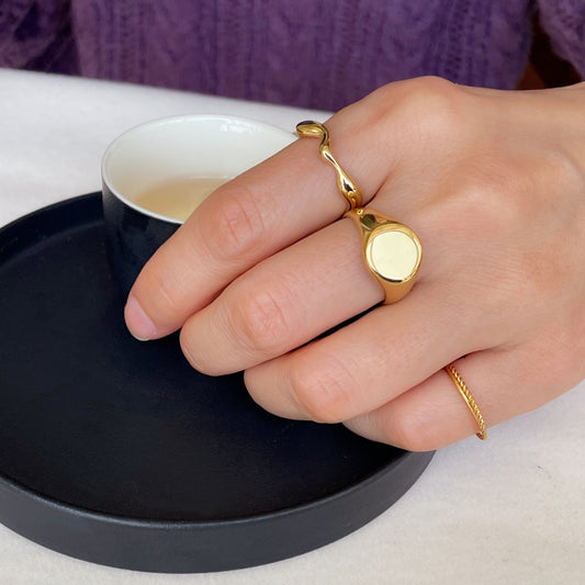 Gold Round Signet Ring,Simple Plain Ring