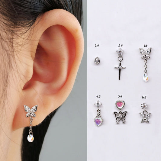 Dainty CZ Dangling Stud Earrings Threaded Flat Back