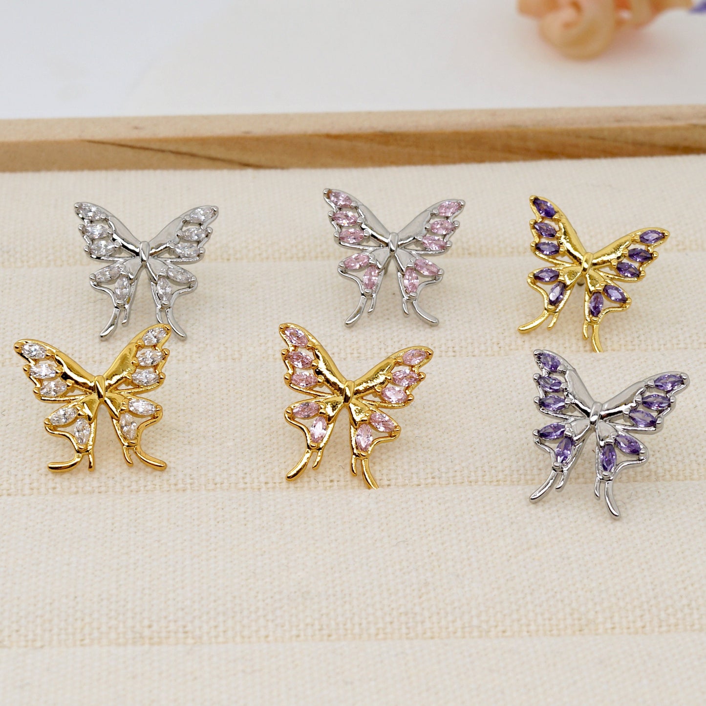 Pink/Purple/White Cubic Zirconia Butterfly Stud Earrings