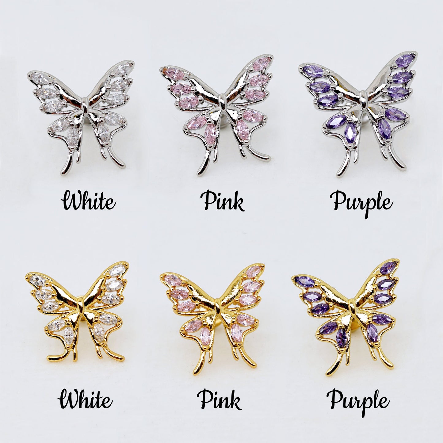 Pink/Purple/White Cubic Zirconia Butterfly Stud Earrings