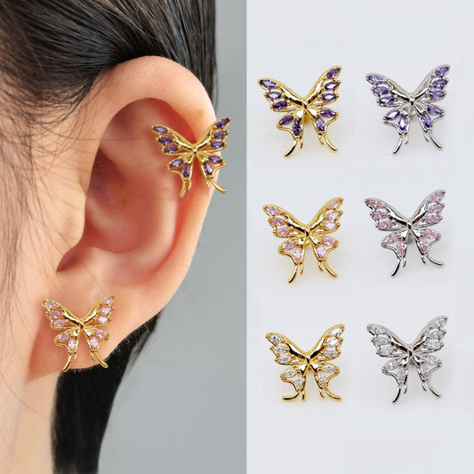 Pink/Purple/White Cubic Zirconia Butterfly Stud Earrings