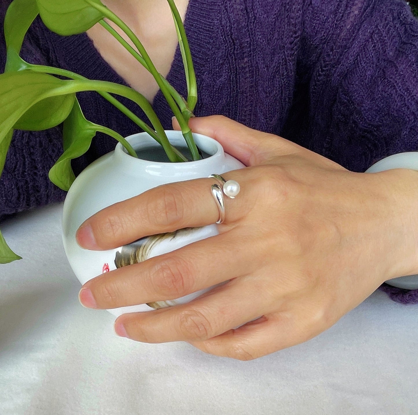 Adjustable Simple Pearl Ring, 925 Sterling Silver Ring