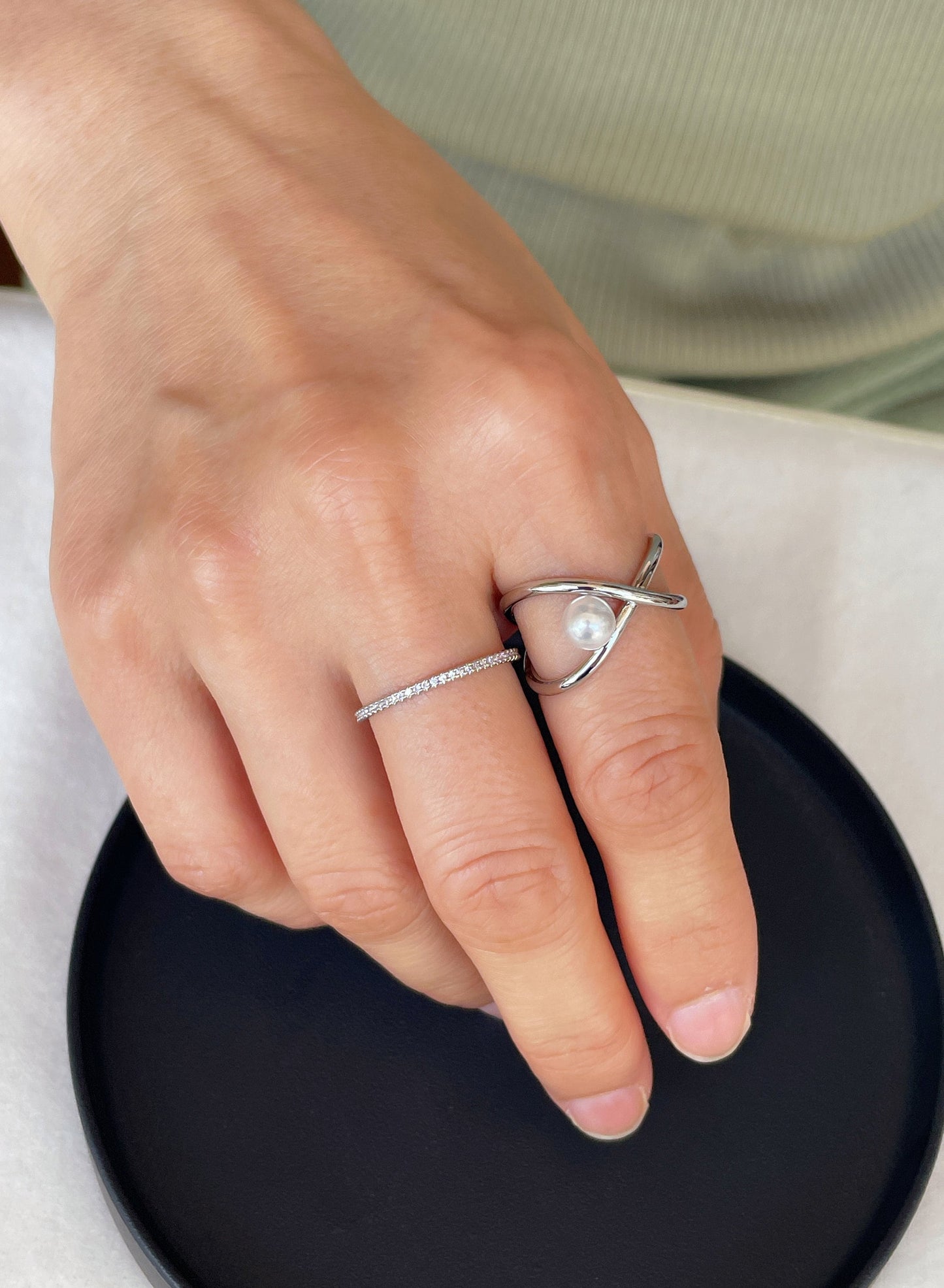 Open Criss Cross Pearl Ring, 925 Sterling Silver Ring