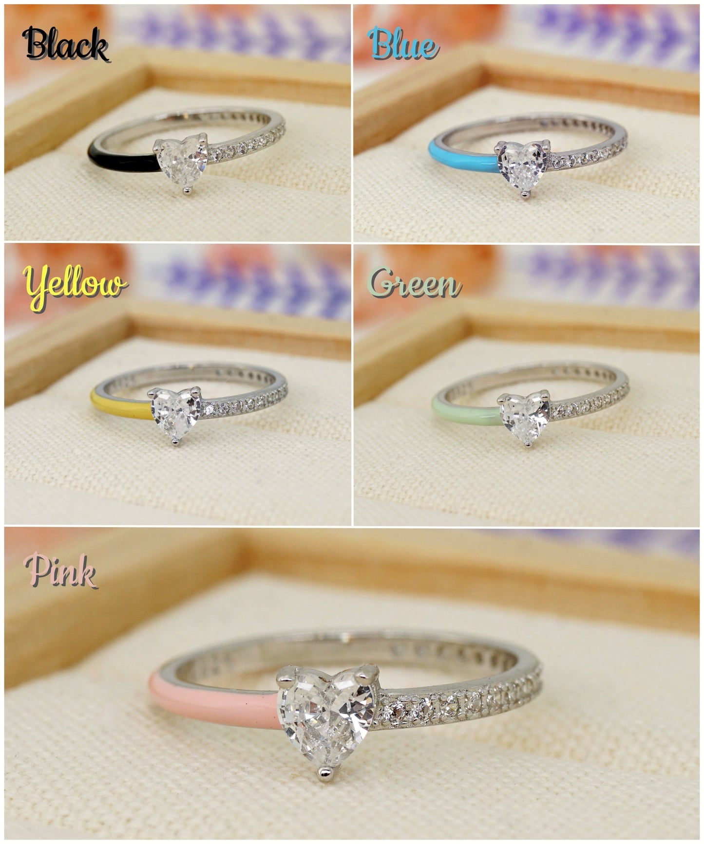 Heart/Teardrop Zirconia Colored Enamel Ring, Enamel Half Pave Ring