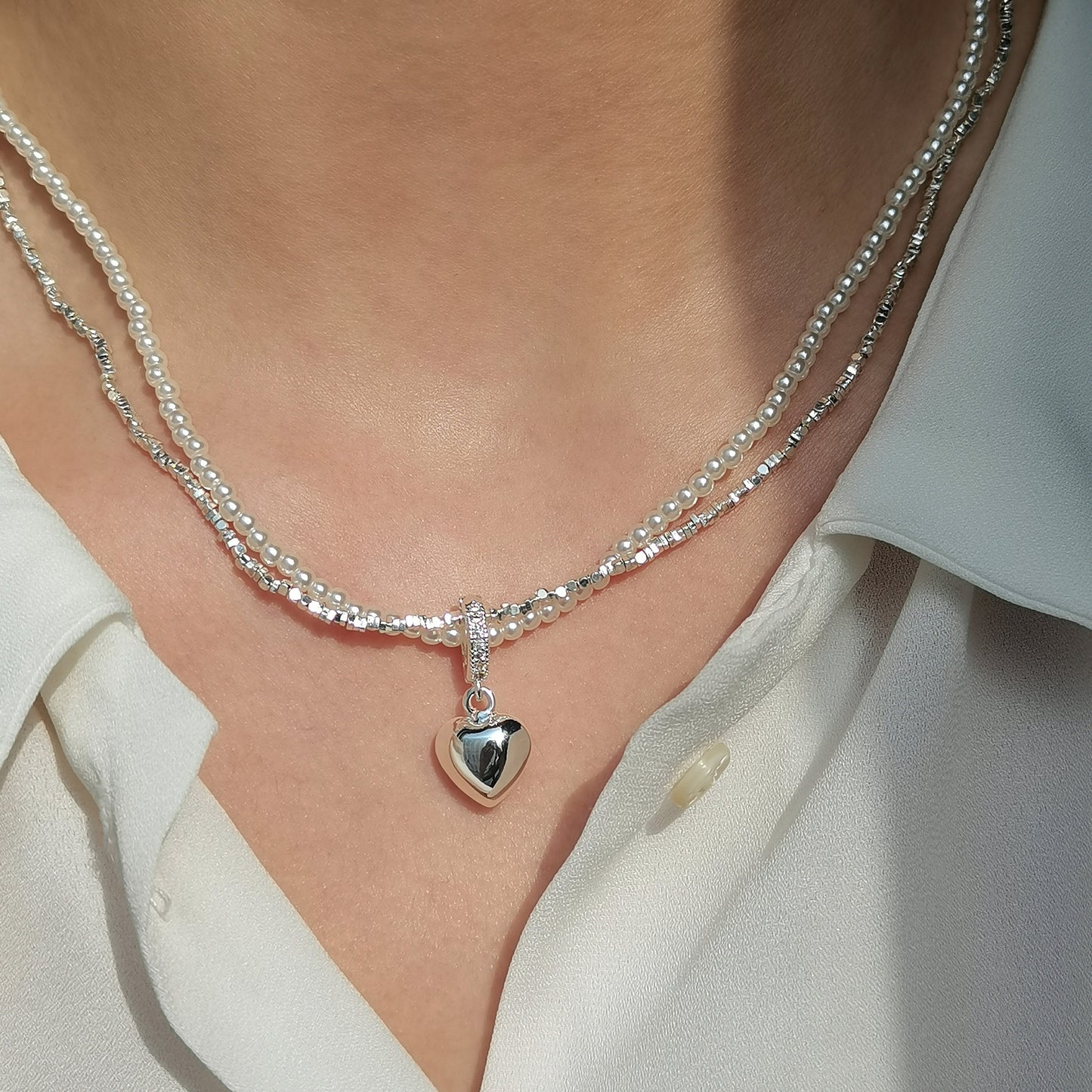 Double Layer Pearl Necklace With Heart Pendant