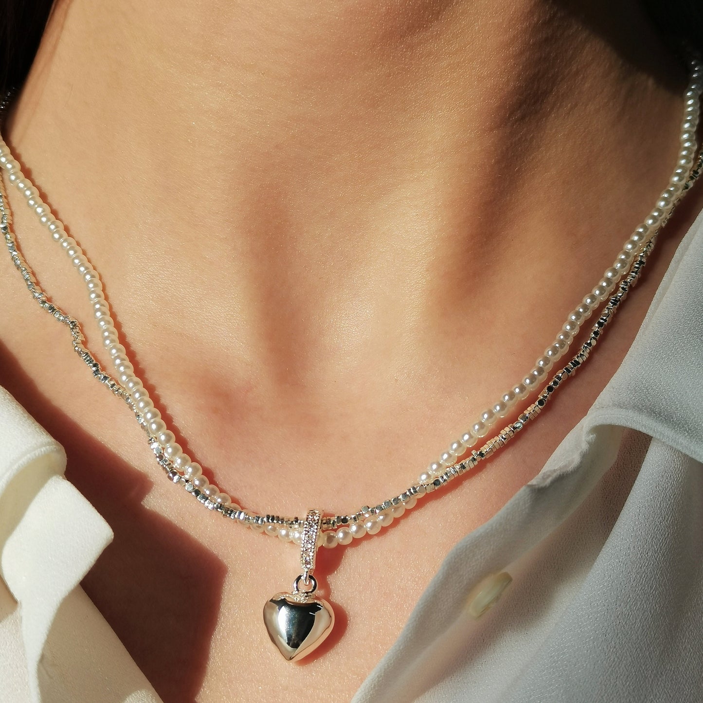 Double Layer Pearl Necklace With Heart Pendant