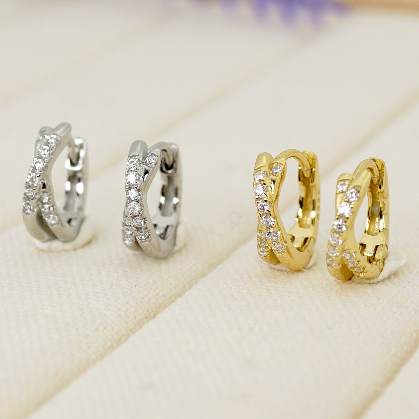 Paved CZ Criss Cross Huggie Hoop Earrings