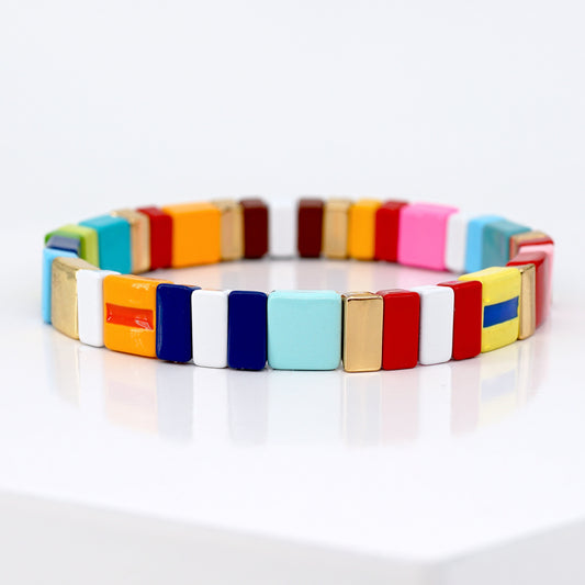 Boho Summer Colorblock Bracelet, Enamel Tile Bead Bracelet