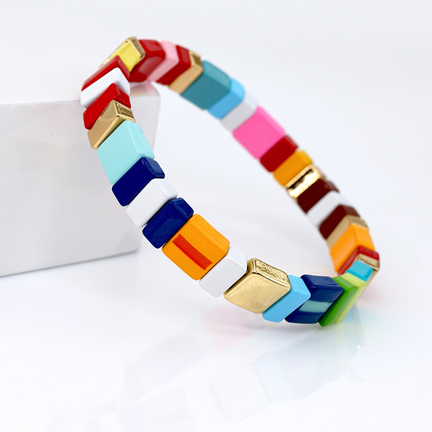 Boho Summer Colorblock Bracelet, Enamel Tile Bead Bracelet