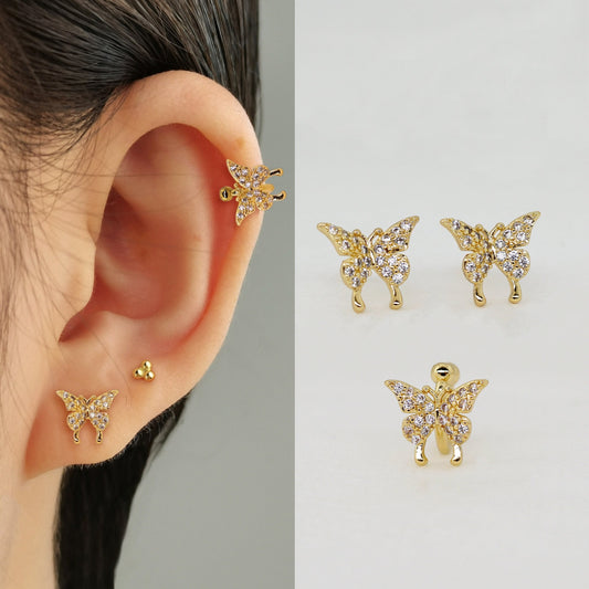 Paved CZ Butterfly Stud Earrings & Ear Cuff