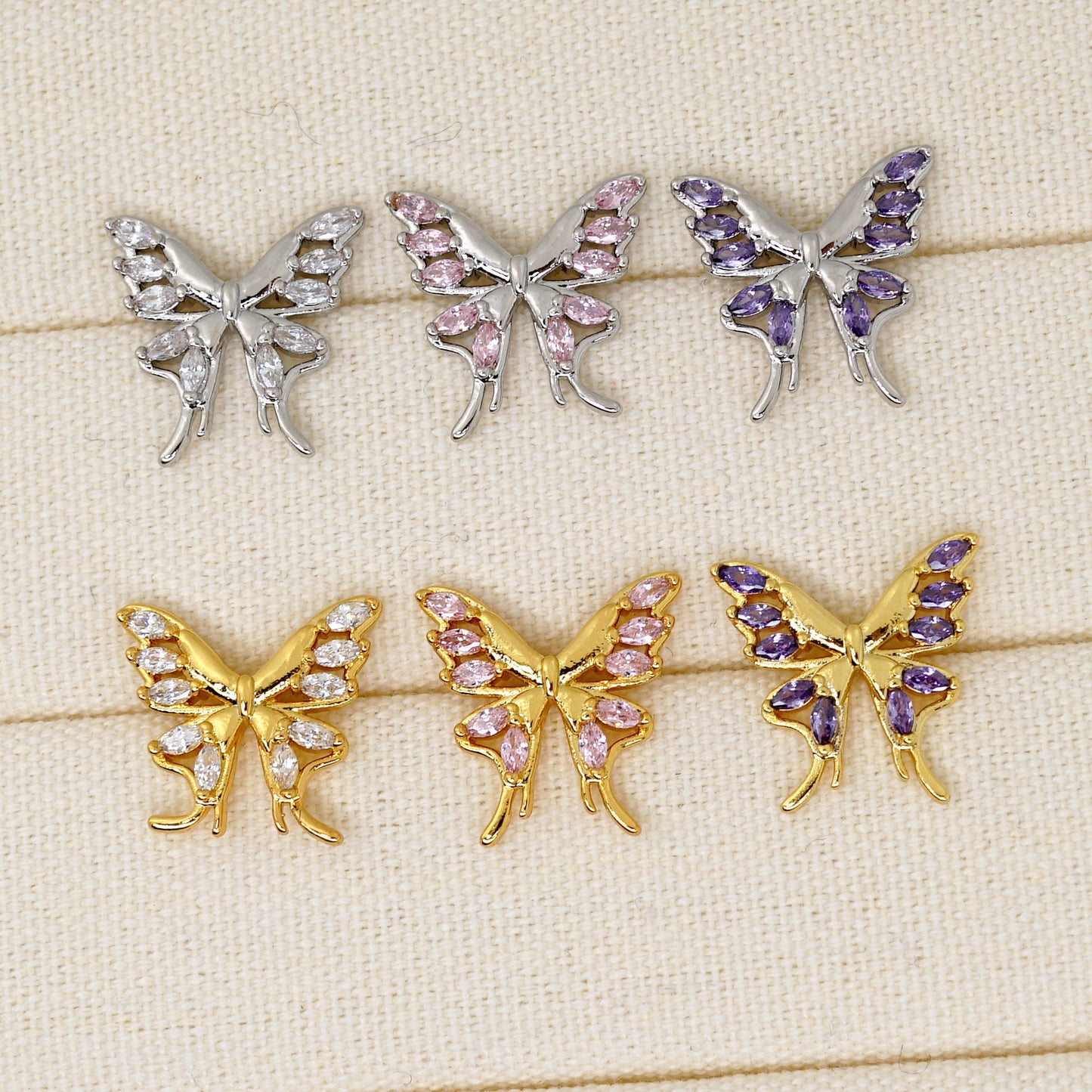 Pink/Purple/White Cubic Zirconia Butterfly Stud Earrings