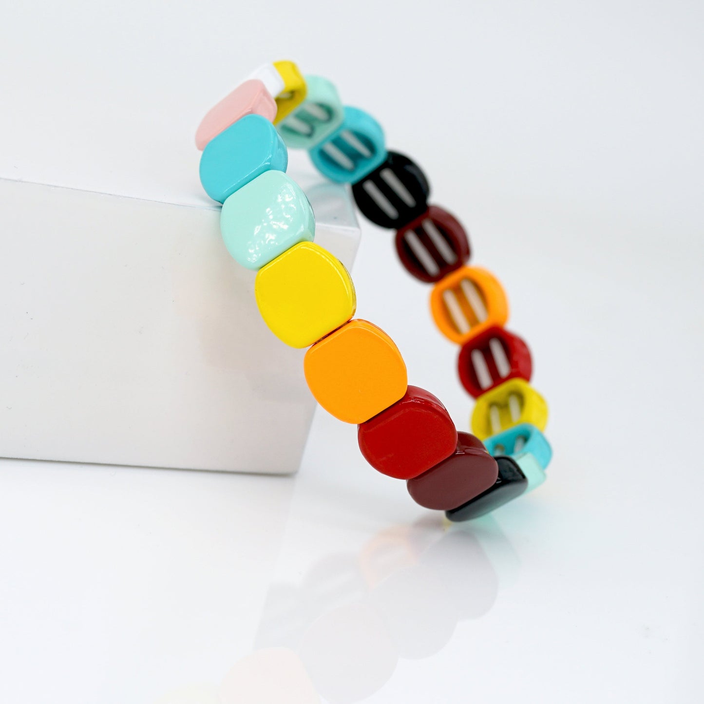 Rainbow Enamel Tile Bead Bracelet, Summer Colorblock Bracelets