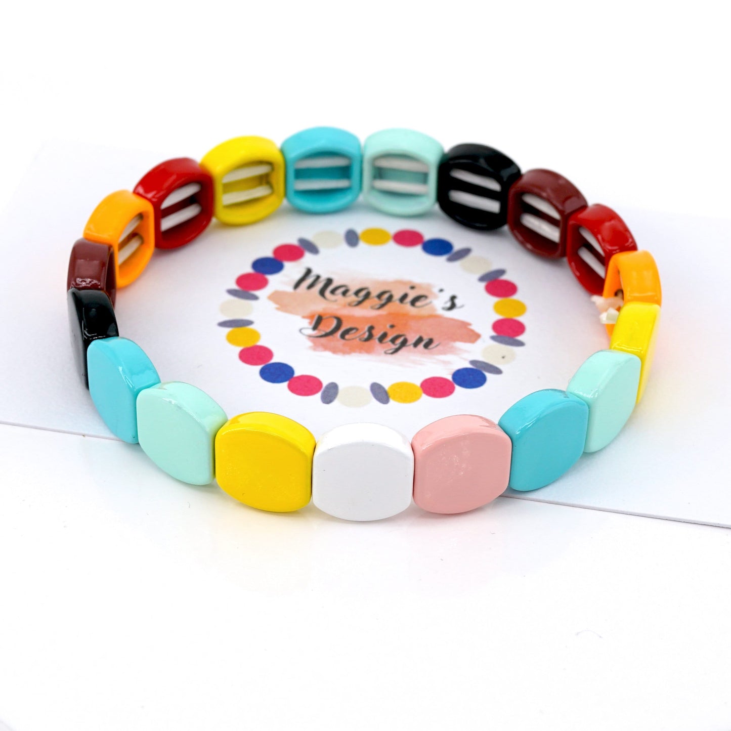 Rainbow Enamel Tile Bead Bracelet, Summer Colorblock Bracelets