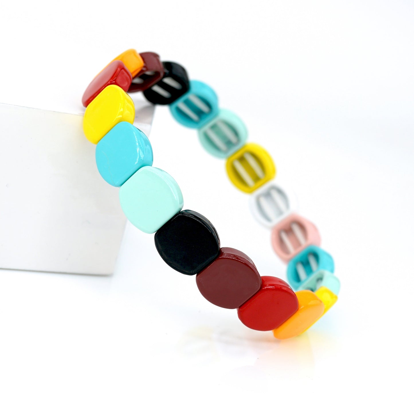 Rainbow Enamel Tile Bead Bracelet, Summer Colorblock Bracelets