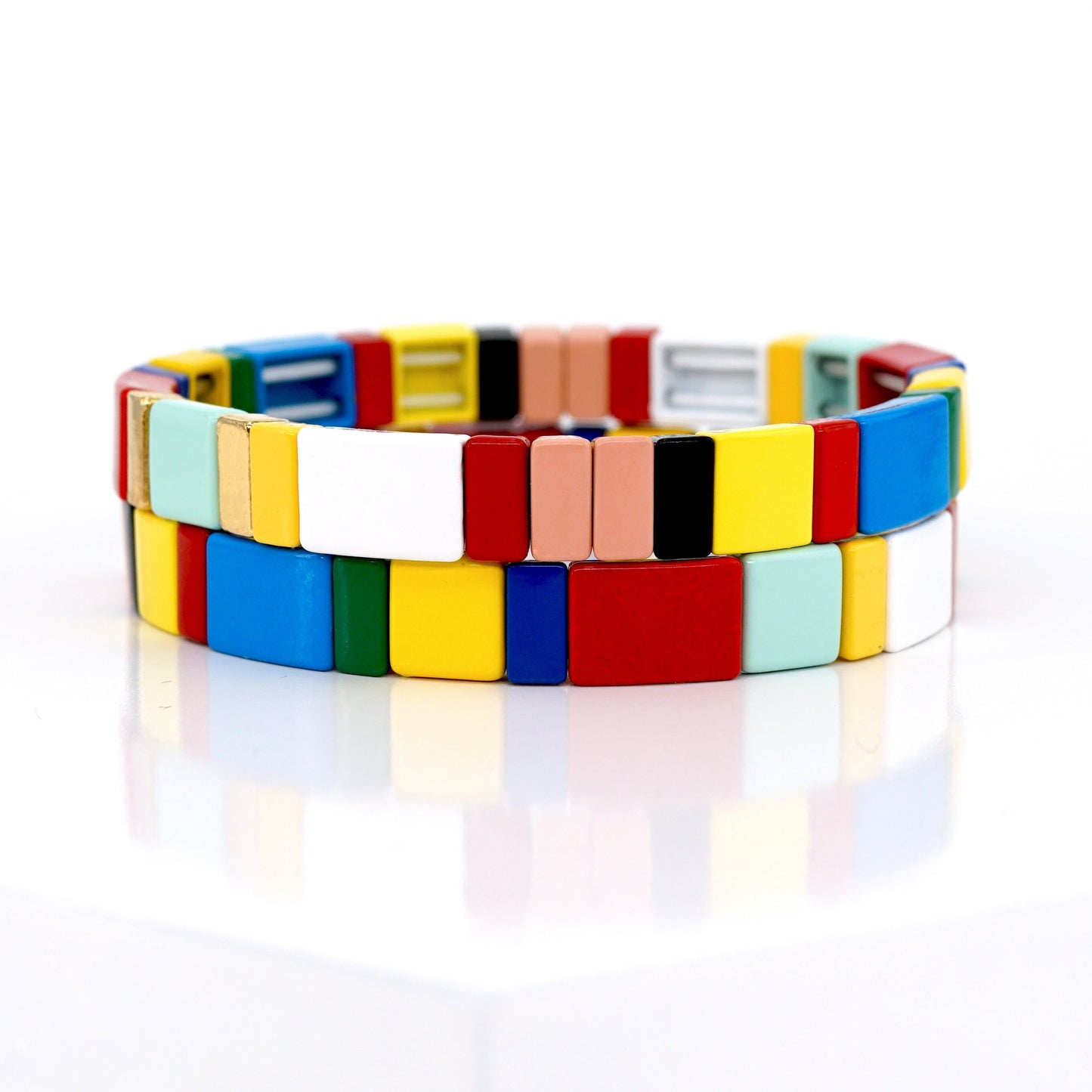 Boho Summer Enamel Tile Bead Bracelet, Stackable Bracelet