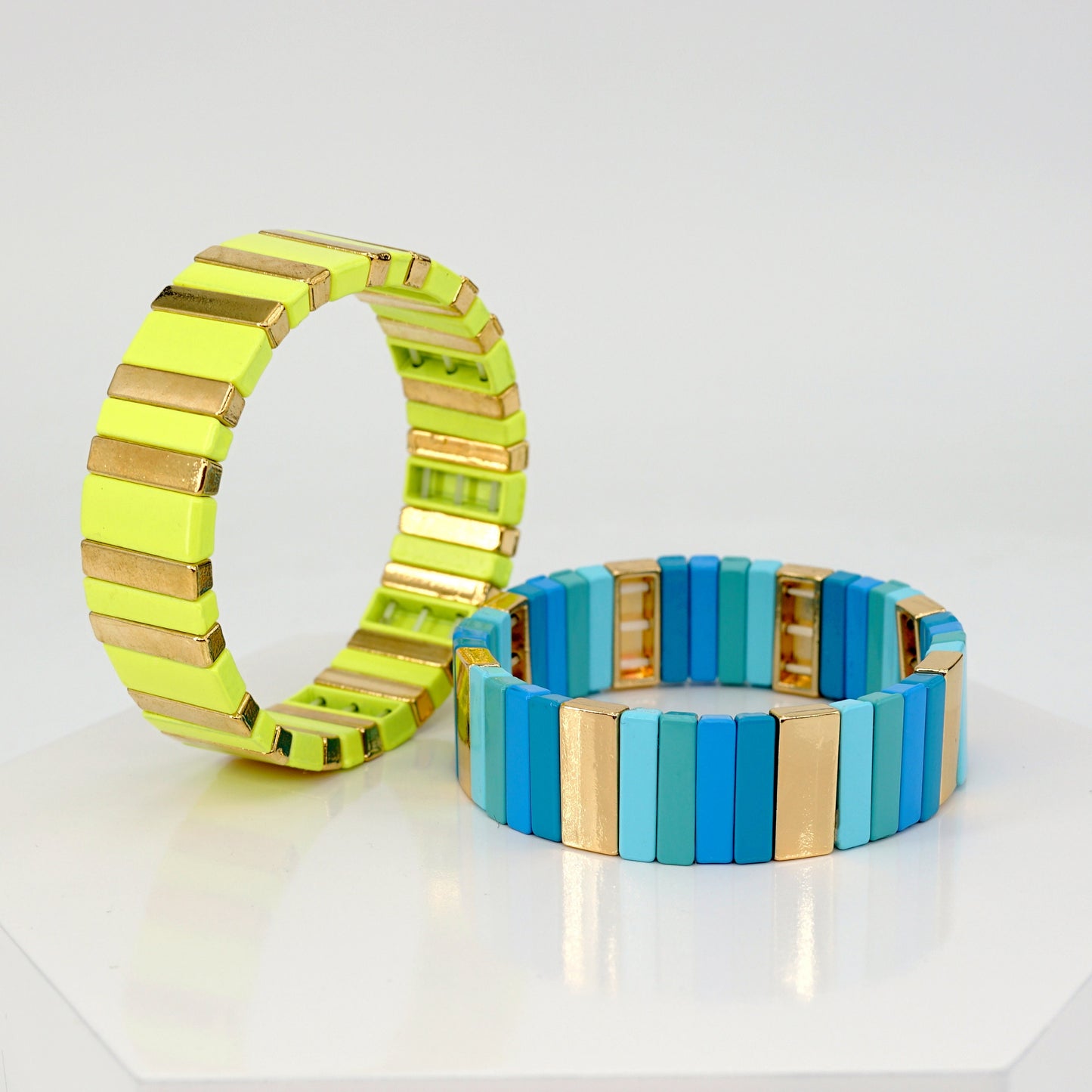 Blue & Yellow Colorblock Boho Bracelets, Enamel Tile Bead Bracelet