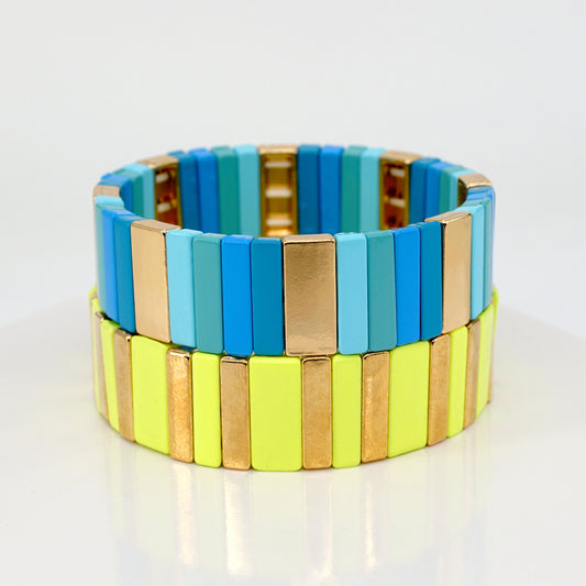 Blue & Yellow Colorblock Boho Bracelets, Enamel Tile Bead Bracelet