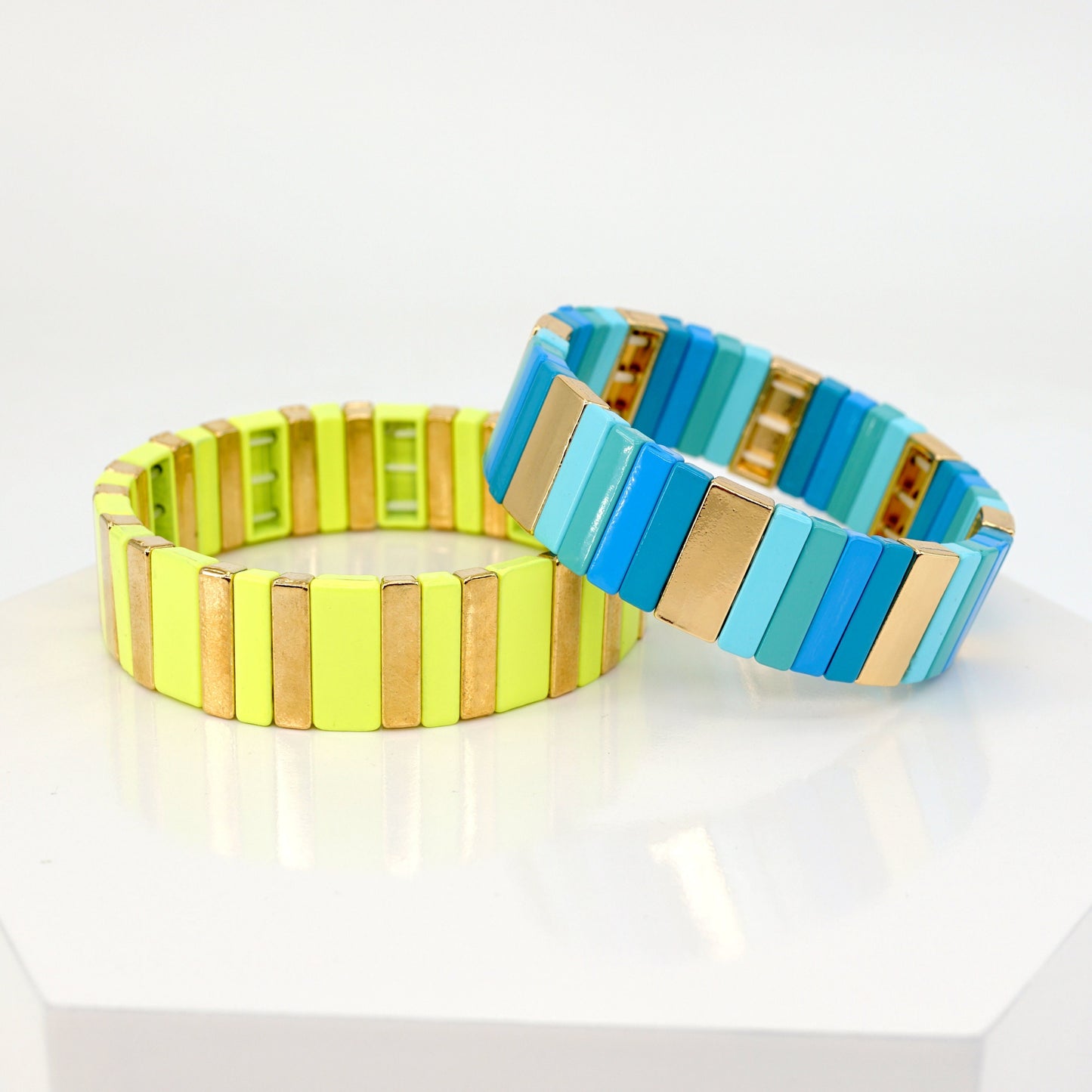 Blue & Yellow Colorblock Boho Bracelets, Enamel Tile Bead Bracelet