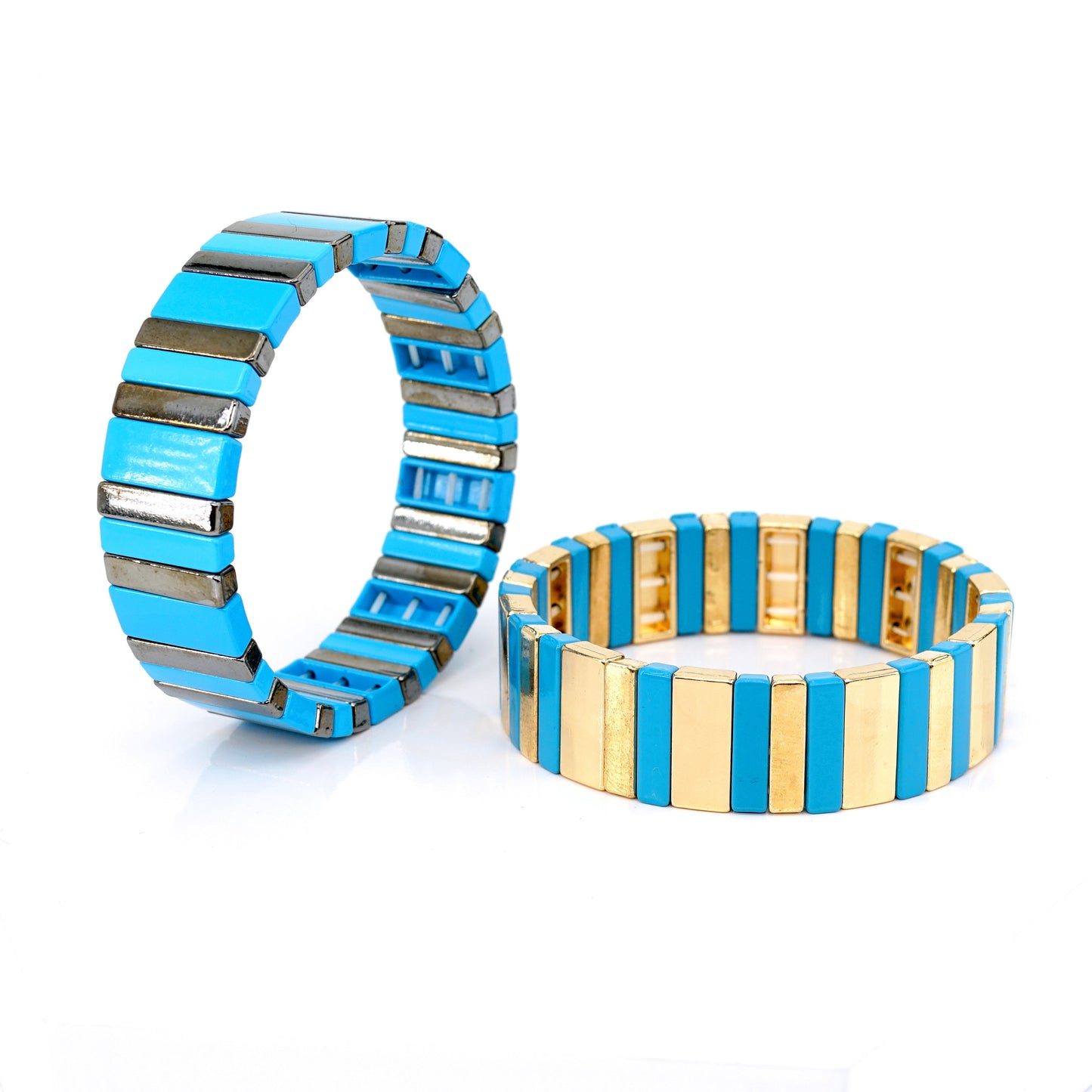 Boho Blue Colorblock Enamel Tile Bead Bracelet