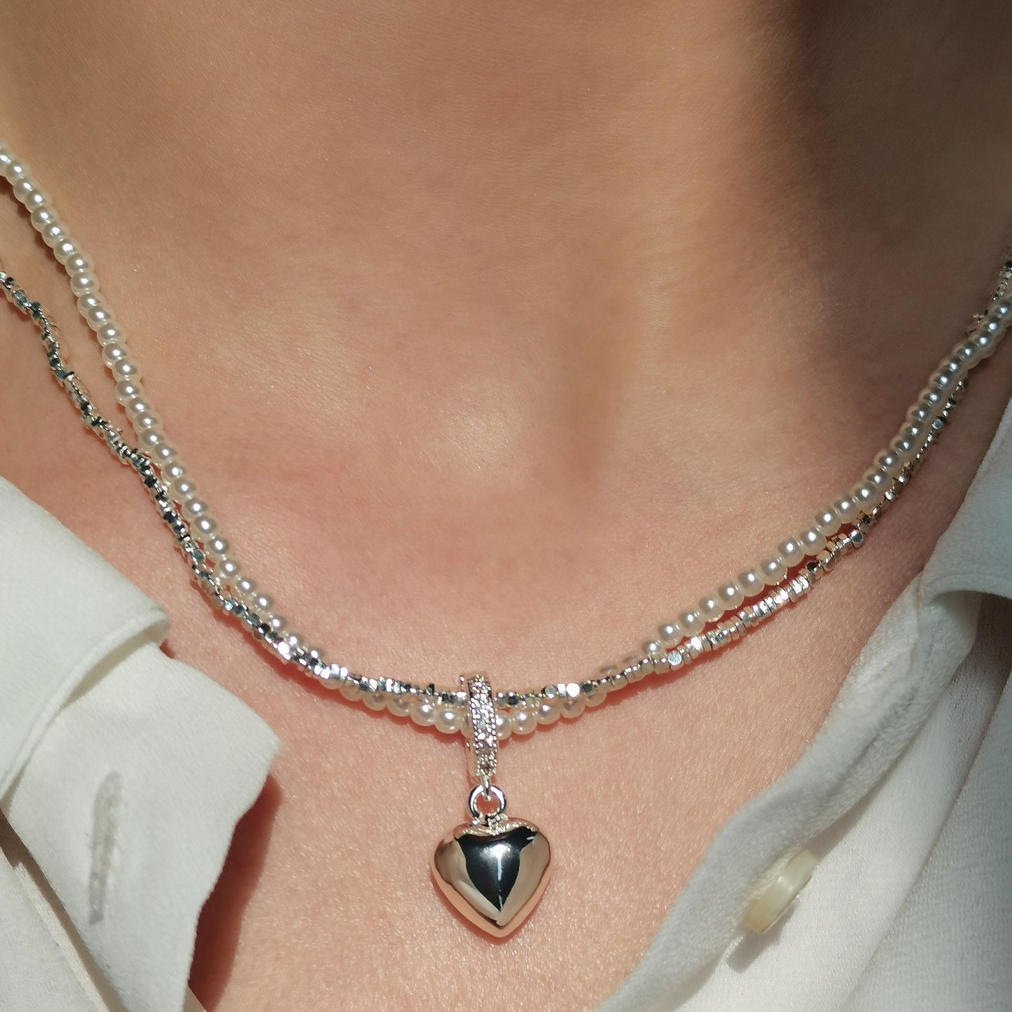 Double Layer Pearl Necklace With Heart Pendant