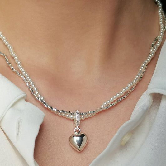 Double Layer Pearl Necklace With Heart Pendant