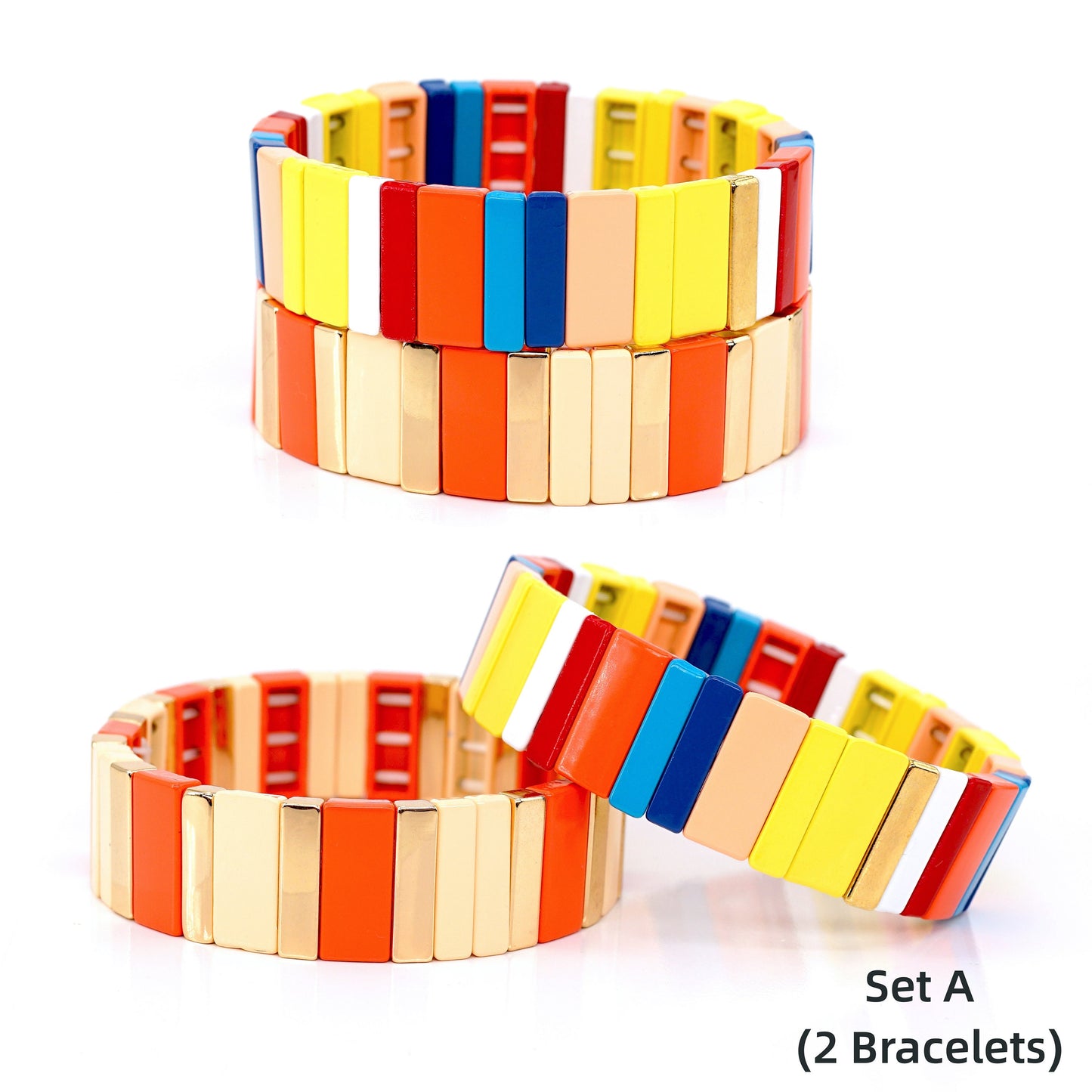 Rainbow Enamel Tile Bead Bracelet, Summer Colorblock Bracelets Set