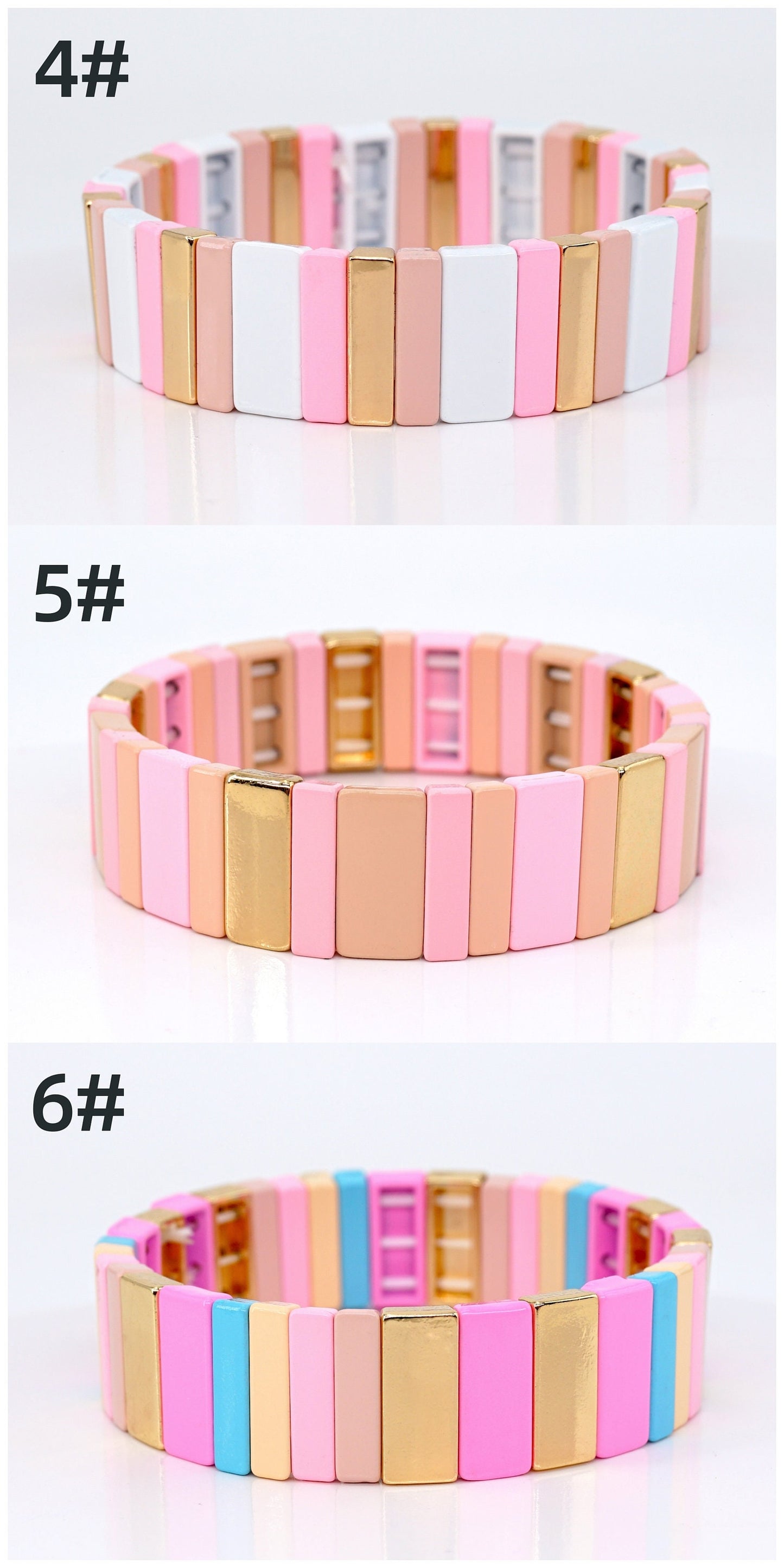 Rainbow Enamel Tile Bead Bracelet, Summer Colorblock Bracelets Set