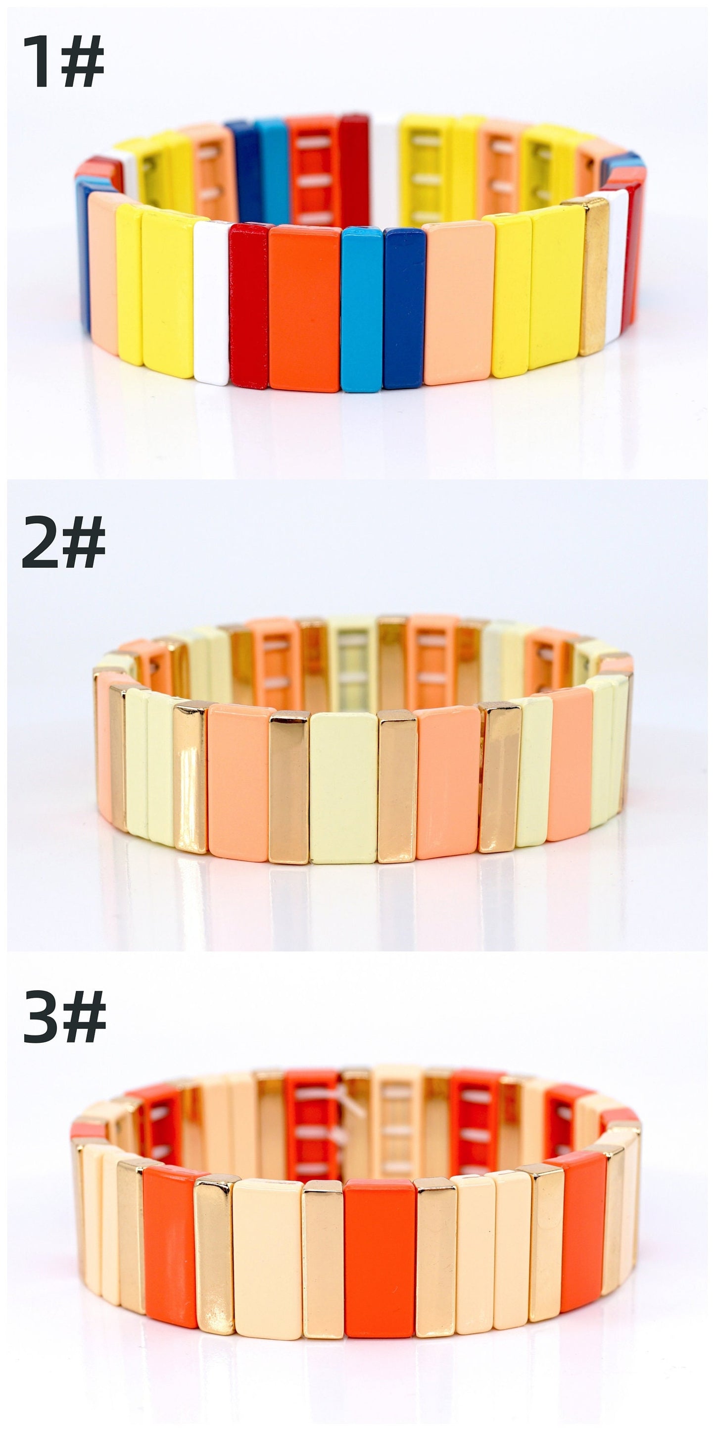 Rainbow Enamel Tile Bead Bracelet, Summer Colorblock Bracelets Set