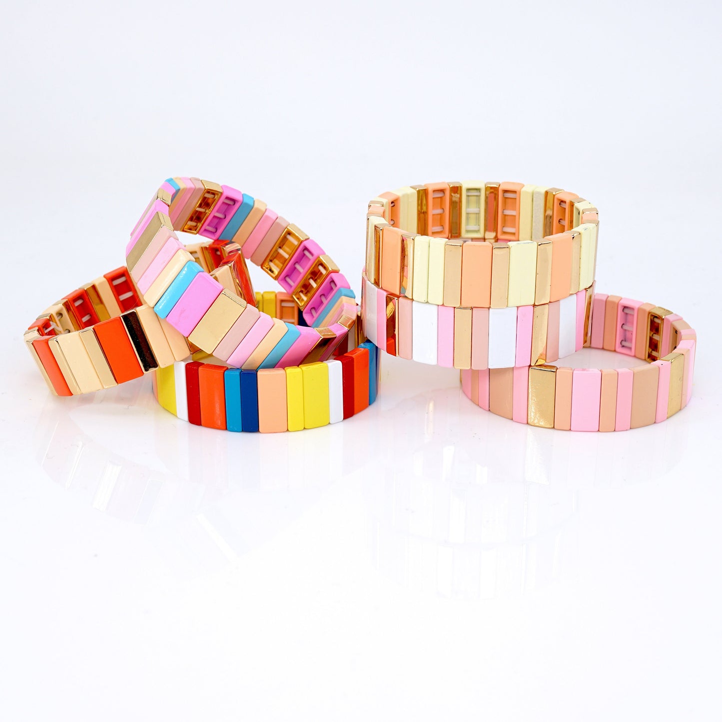 Rainbow Enamel Tile Bead Bracelet, Summer Colorblock Bracelets Set