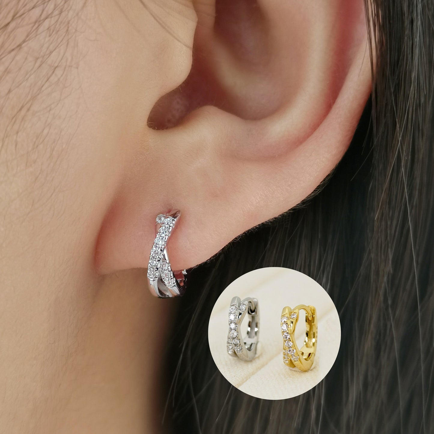 Paved CZ Criss Cross Huggie Hoop Earrings