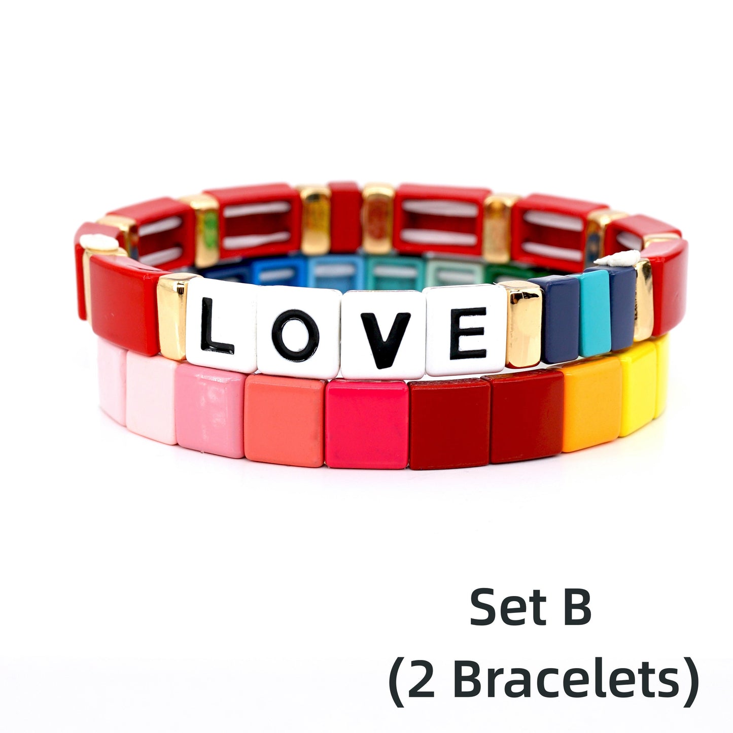 Rainbow Bracelets Set, Colorblock Enamel Tile Bead Bracelet