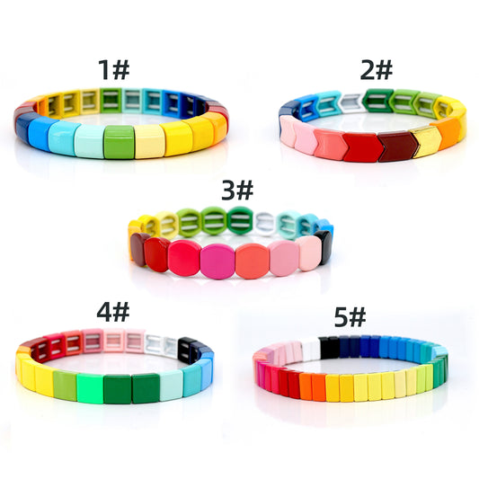 Rainbow Bracelets Set, Colorblock Enamel Tile Bead Bracelet