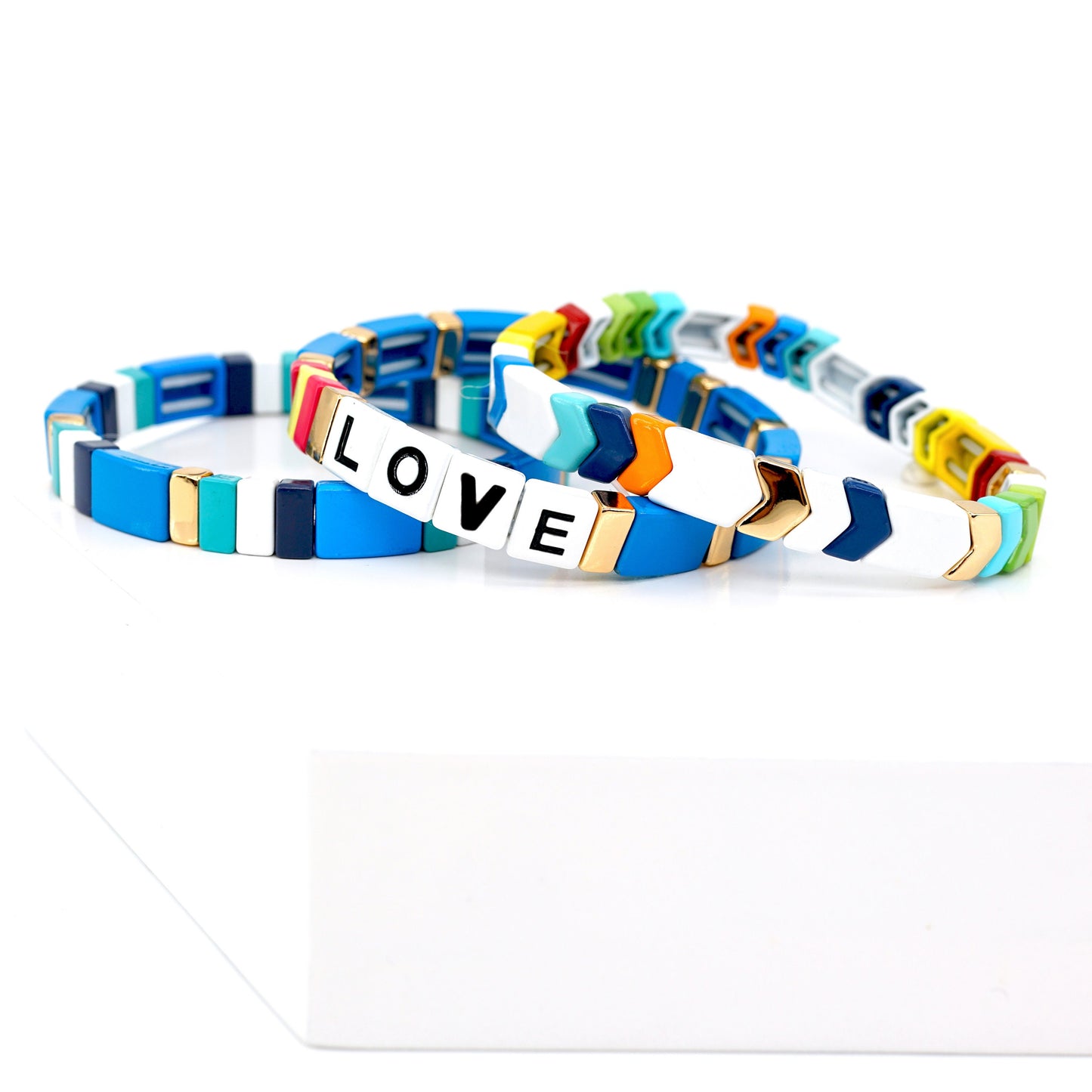 Summer Blue Enamel Tile Bead Bracelet, Beach Bracelets Set