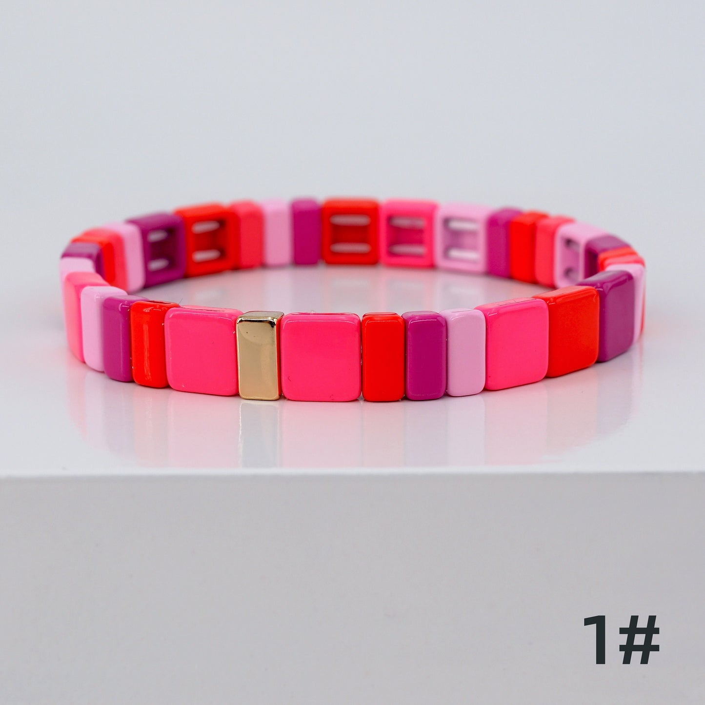 Hot Pink Square Enamel Tile Bead Bracelet for Summer