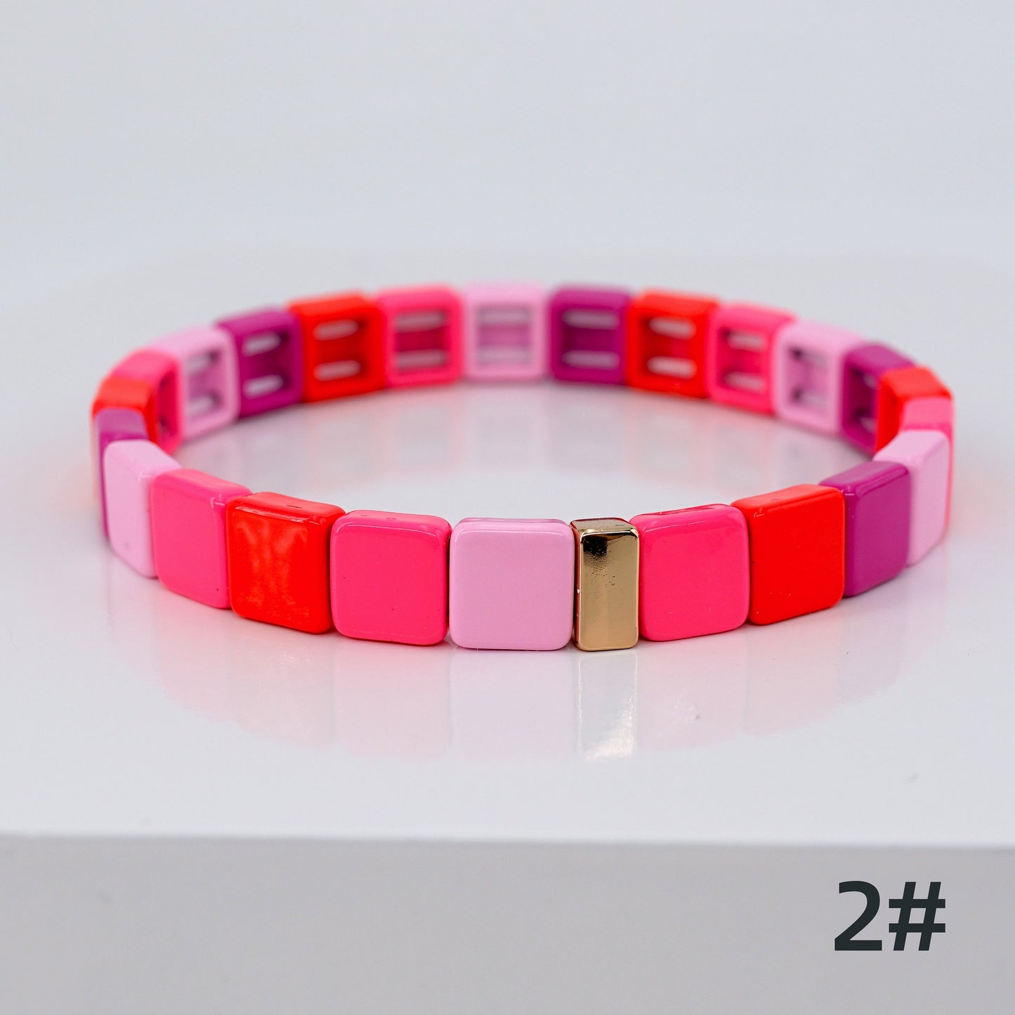 Hot Pink Square Enamel Tile Bead Bracelet for Summer