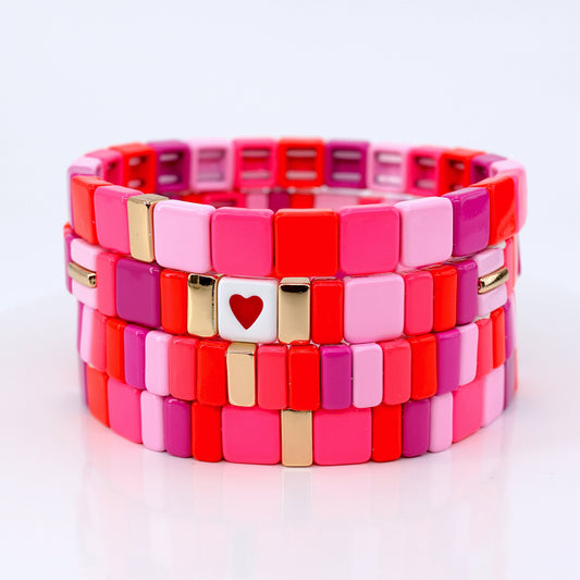 Hot Pink Square Enamel Tile Bead Bracelet for Summer