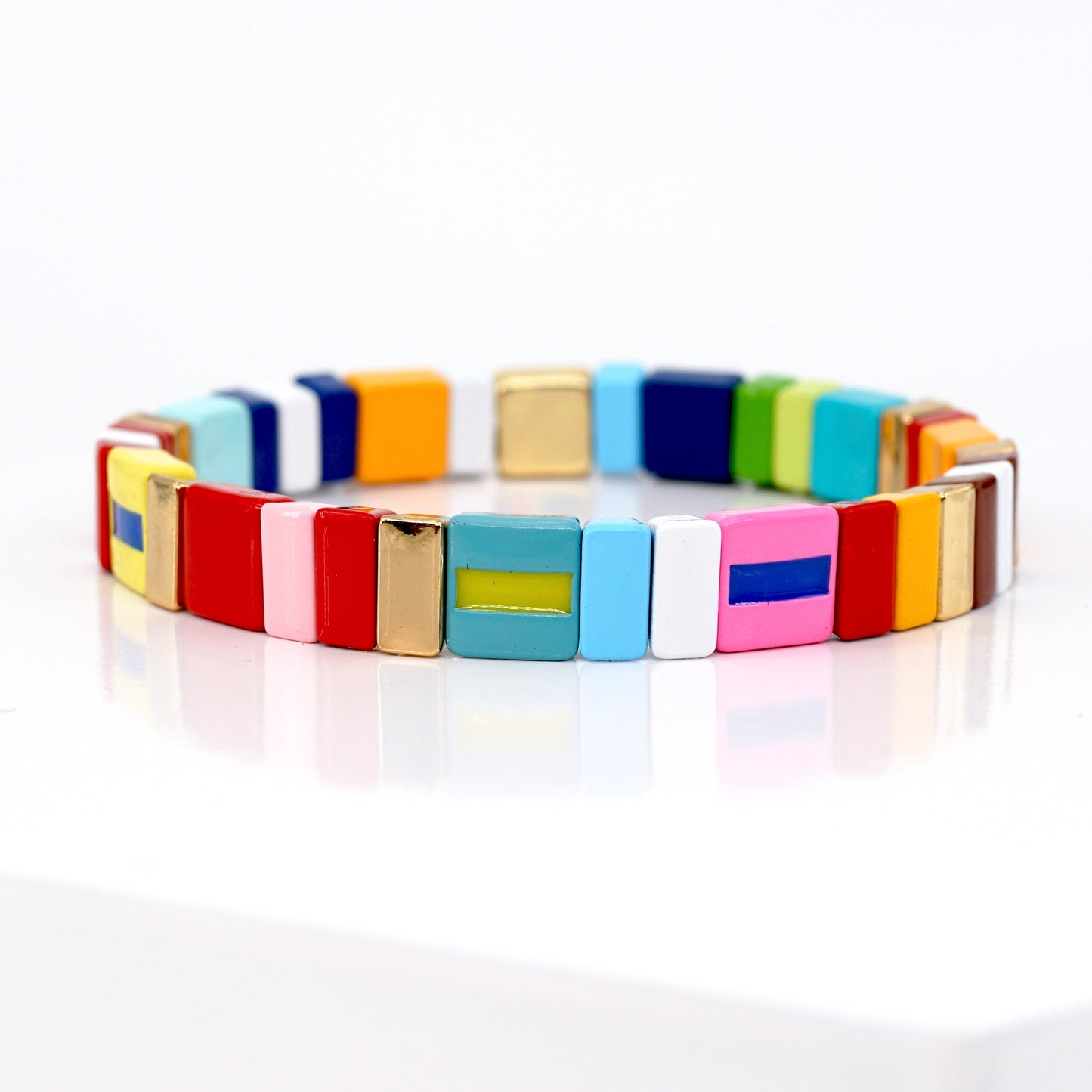 Boho Summer Colorblock Bracelet, Enamel Tile Bead Bracelet