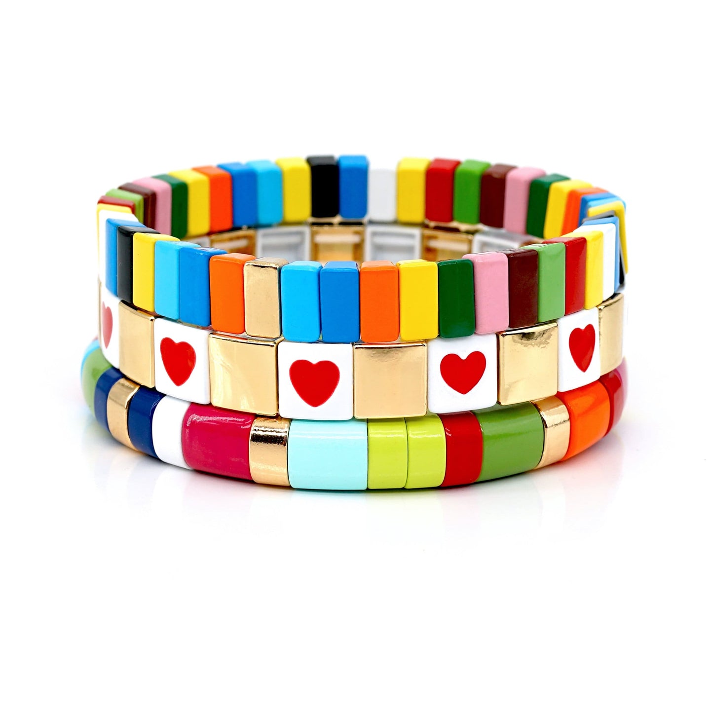 Colored Enamel Tile Bead Bracelets Set, Summer Boho Bracelets