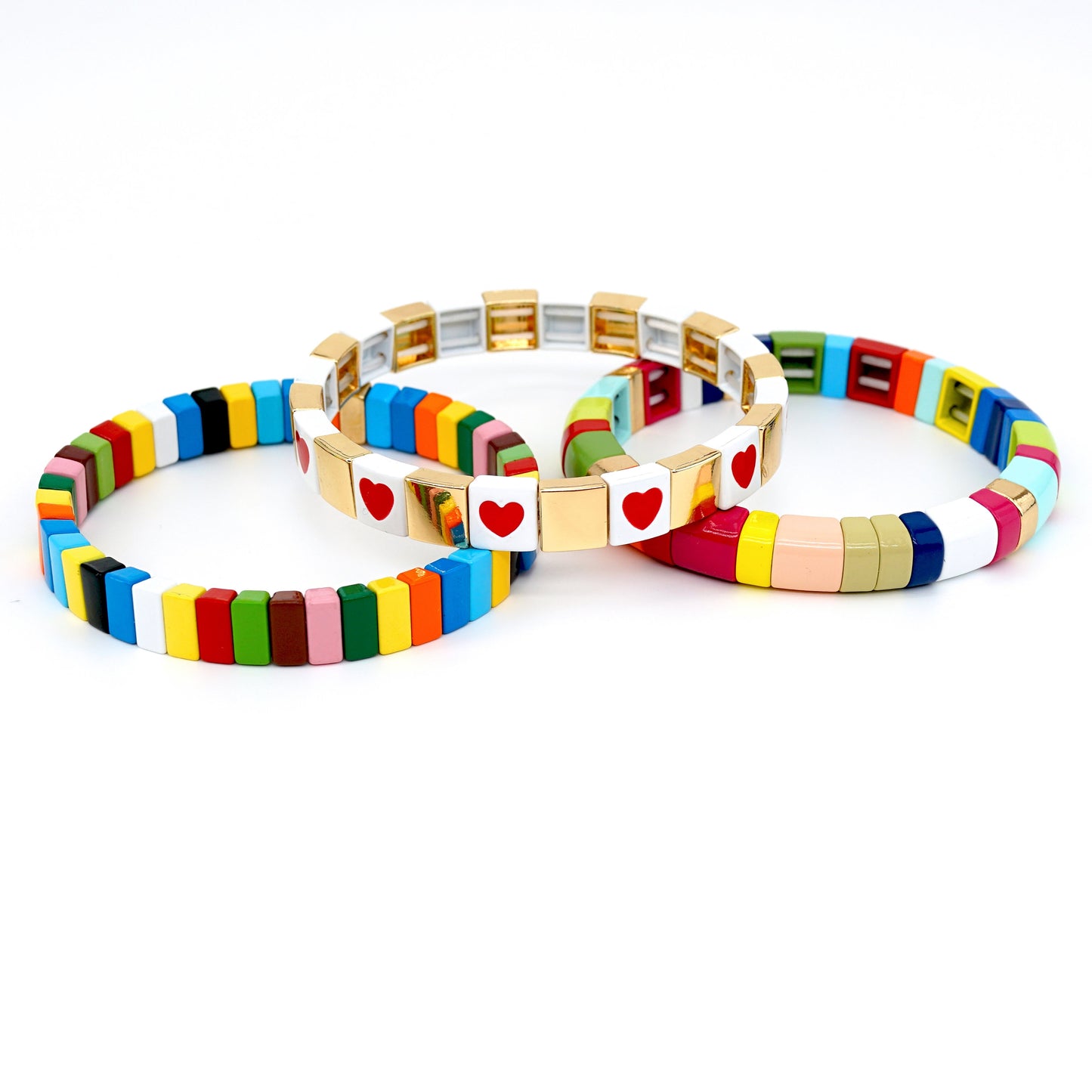 Colored Enamel Tile Bead Bracelets Set, Summer Boho Bracelets