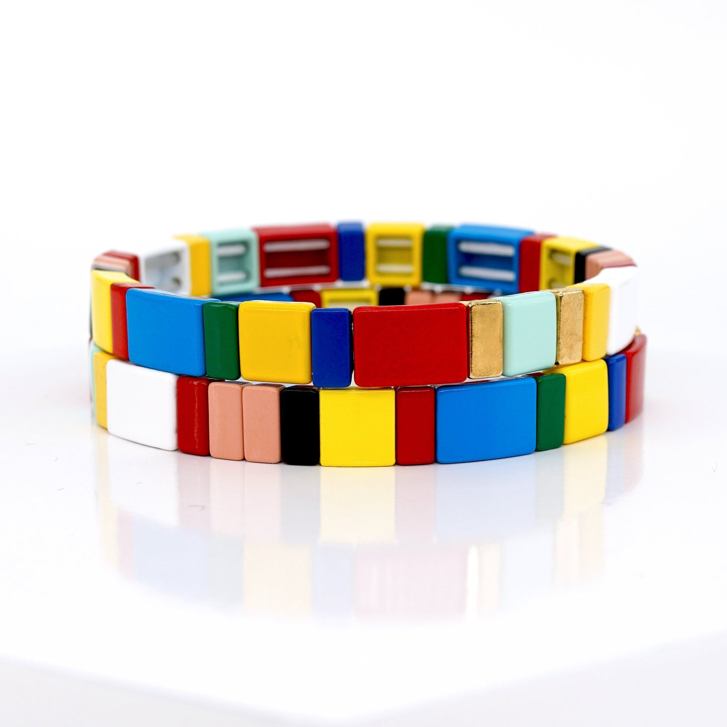 Boho Summer Enamel Tile Bead Bracelet, Stackable Bracelet