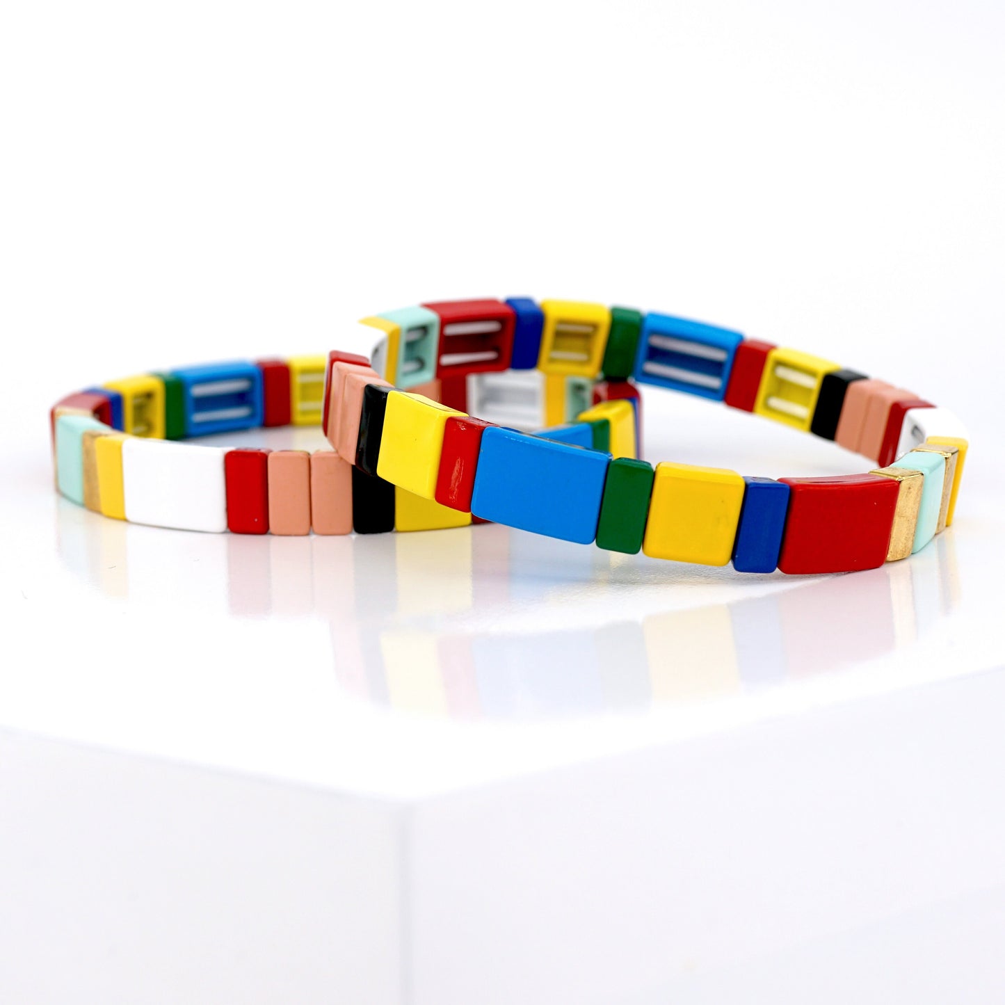 Boho Summer Enamel Tile Bead Bracelet, Stackable Bracelet