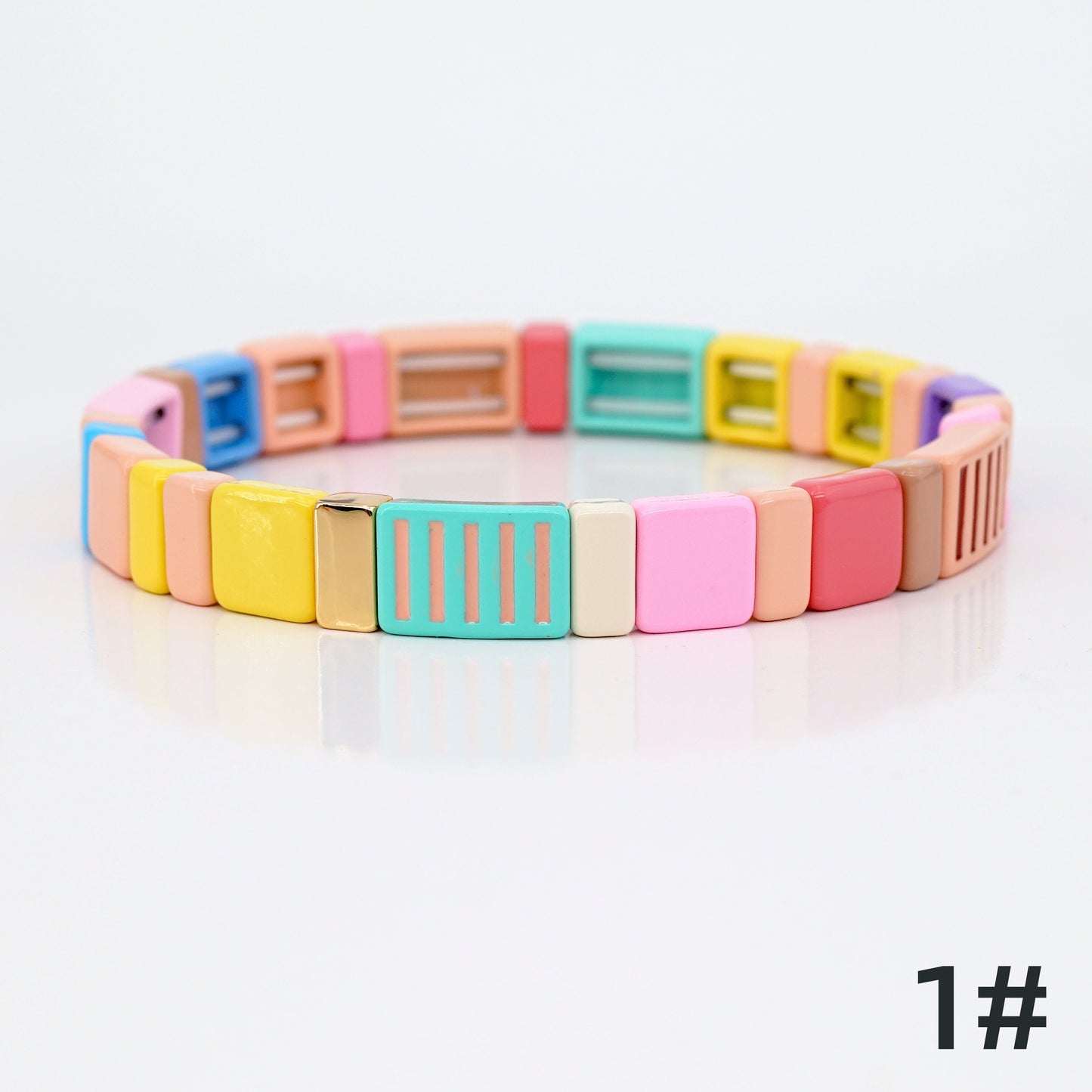 Pink Colorblock Enamel Tile Bead Bracelets Set