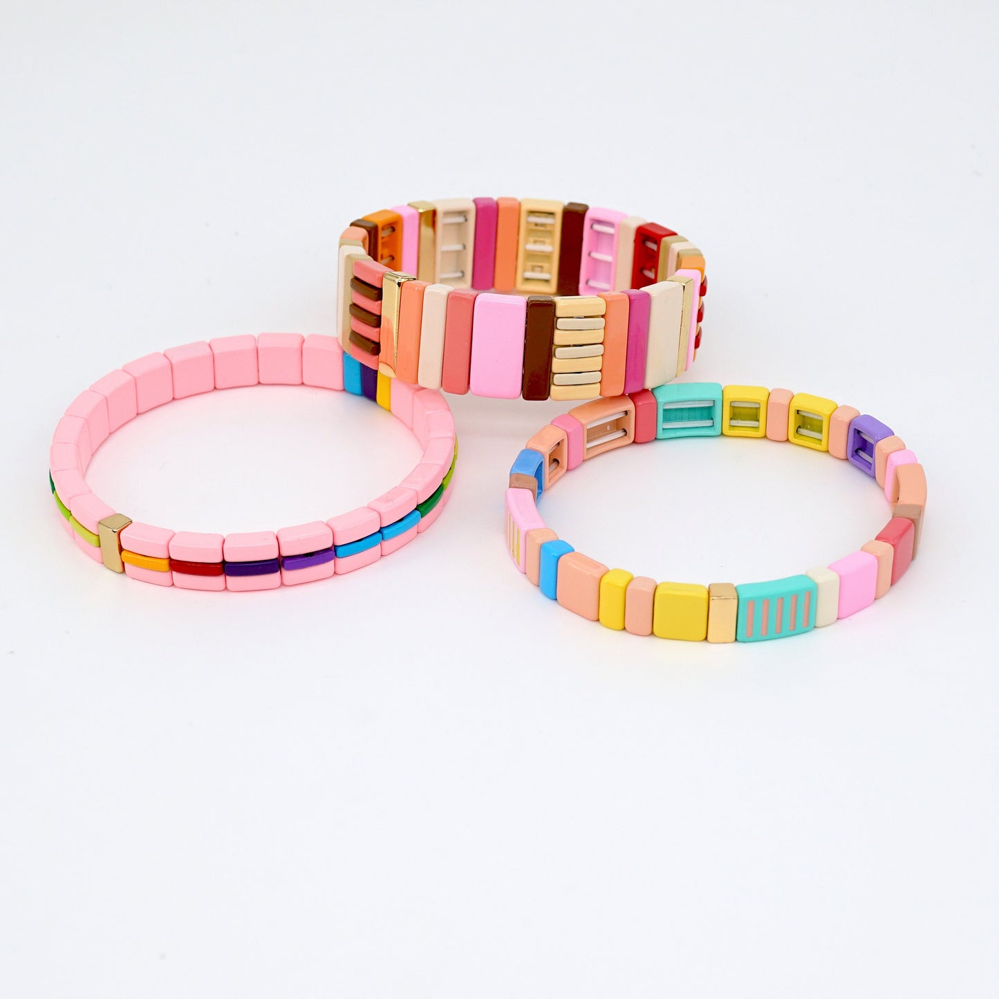 Pink Colorblock Enamel Tile Bead Bracelets Set