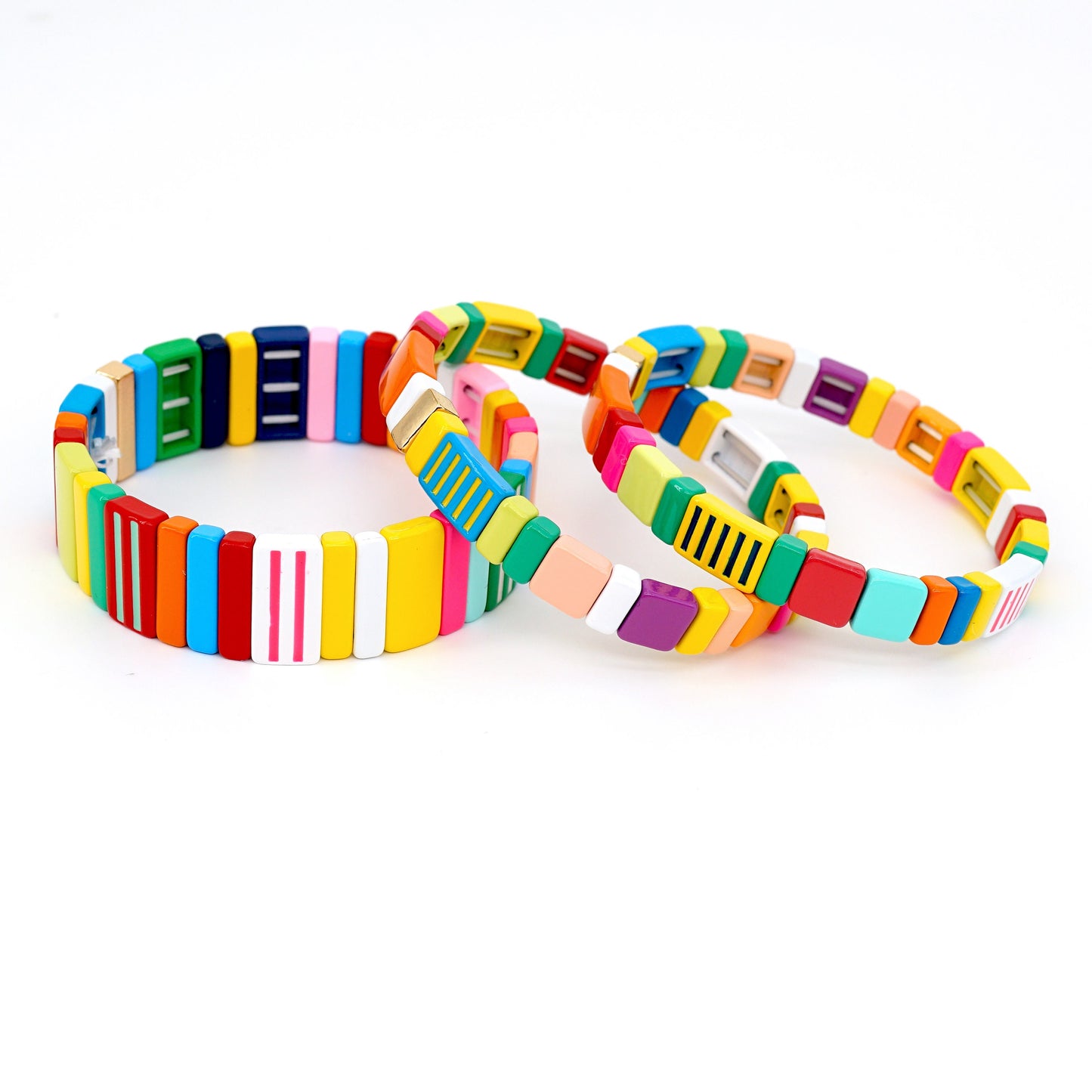 Enamel Tile Bead Colorblock Bracelets Set, Stacking Bracelet