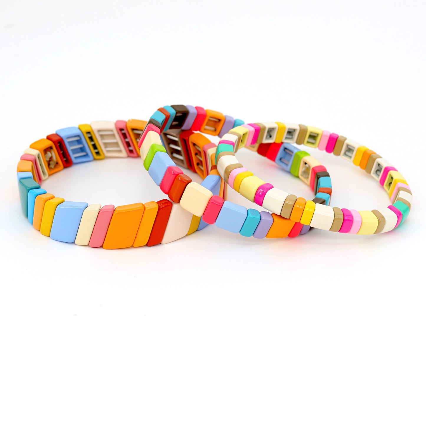 Macaron Color Enamel Tile Bead Bracelets Set, Boho Bracelet for Summer