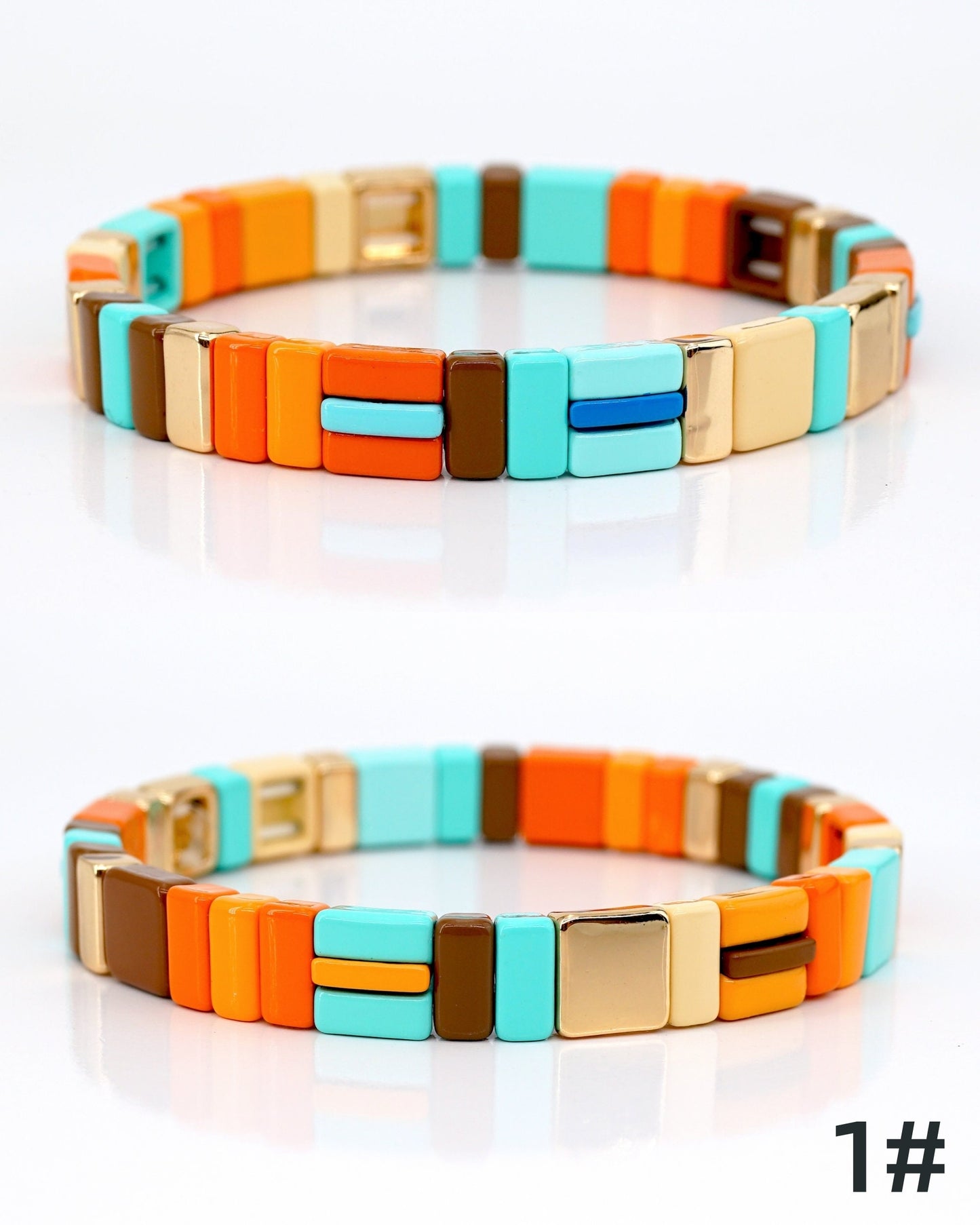 Maillard Color Enamel Tile Bead Bracelets Set, Stacking Bracelet