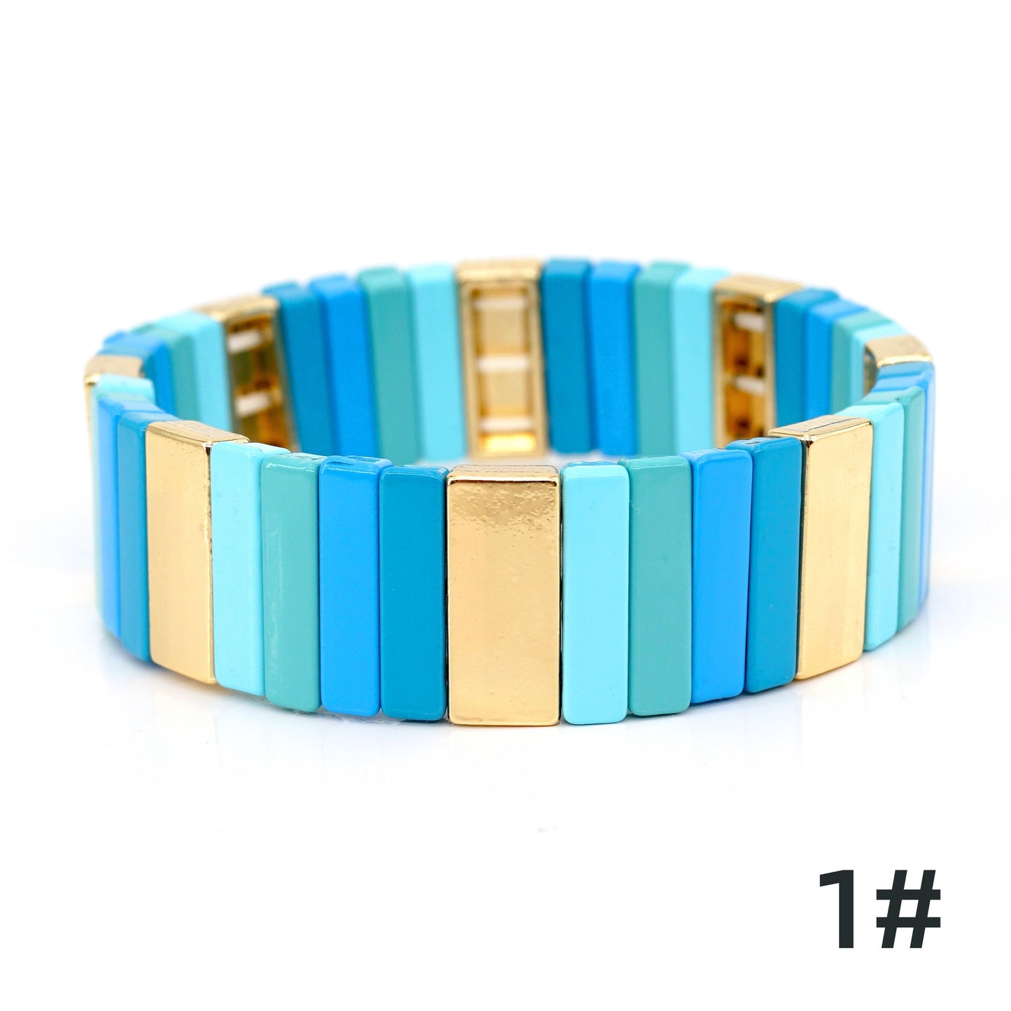 Blue & Yellow Colorblock Boho Bracelets, Enamel Tile Bead Bracelet