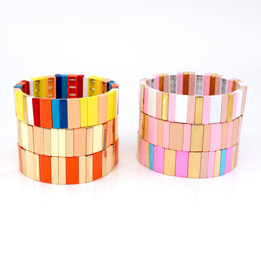 Rainbow Enamel Tile Bead Bracelet, Summer Colorblock Bracelets Set